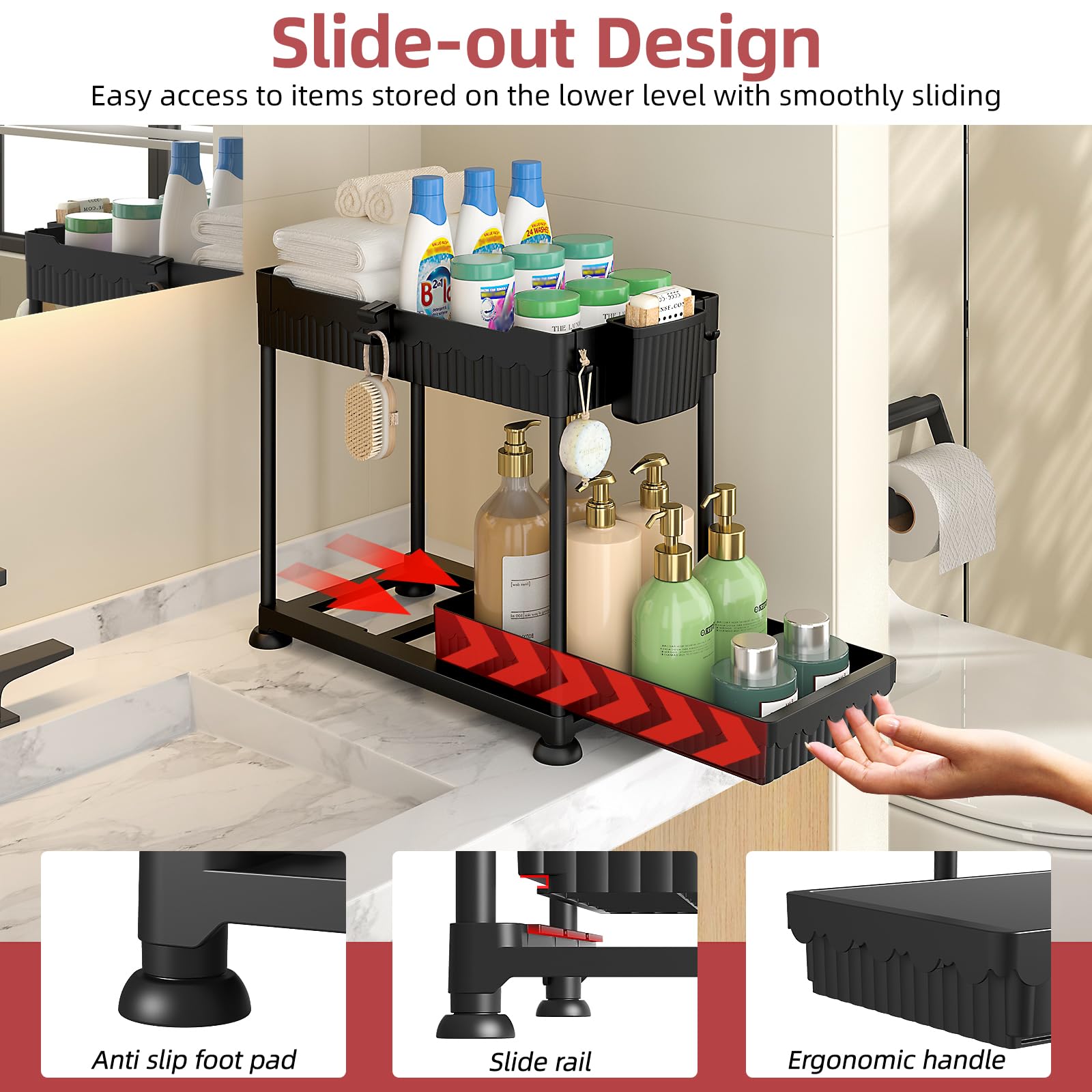 4 Pack Under Sink Organizer, Bathroom Organizers and Storage, 2 Tier Multi-Use Pull Out Cabinet Organizer with Hang Hooks and Cups (Black, 4 Pack)