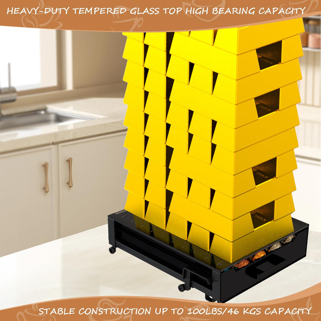 Vertuo Pod Holder Drawer with Deluxe Black Tempered Glass Top, Compatible for Nespresso VertuoLine Pods, Holds up to 75 Small or 50 Big Vertuo Pods Compact Design (Piano Black Nespresso Pods Holder)