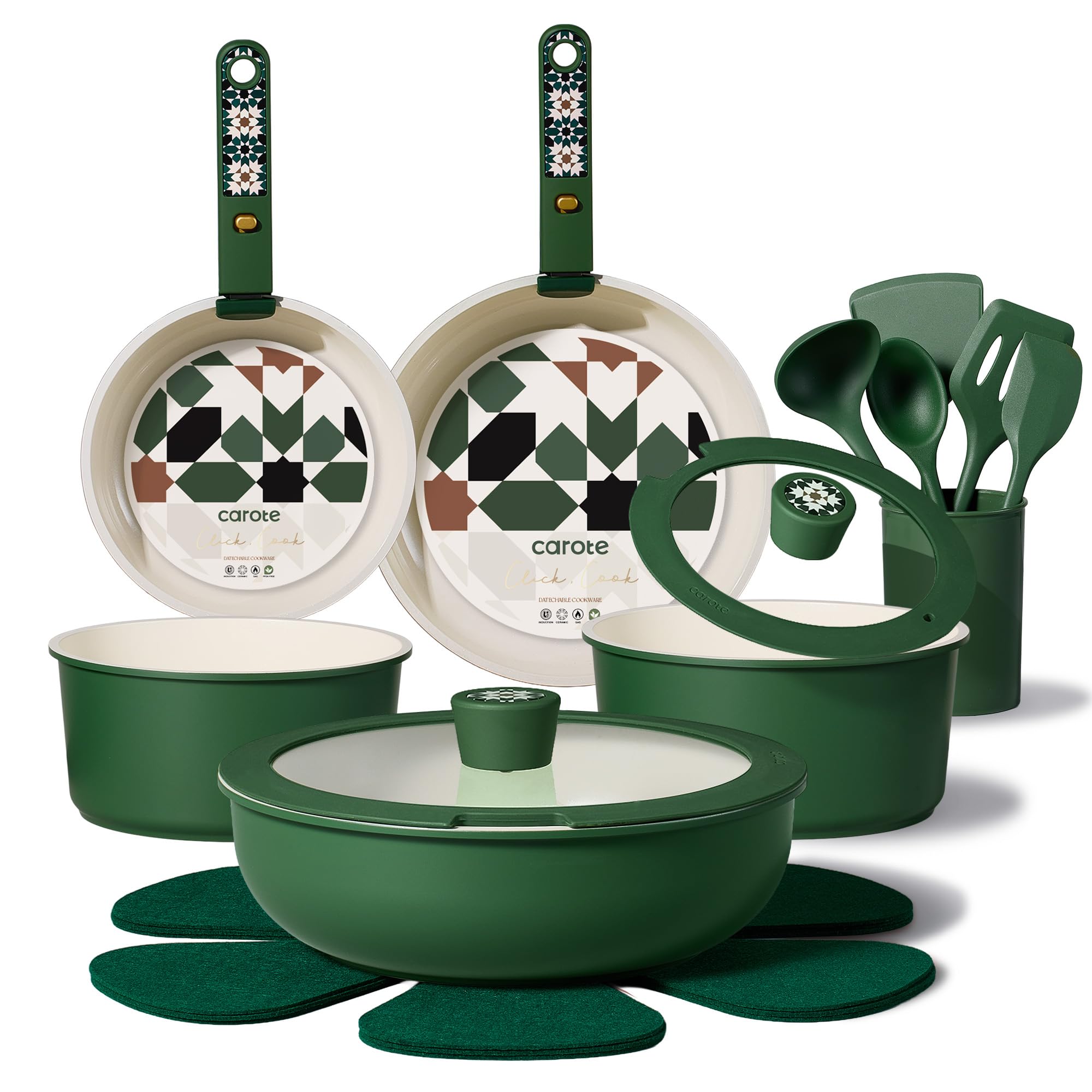 CAROTE 19Pcs Ceramic Cookware Set, Pots and Pans Set Non stick, Non Toxic Cookware Detachable Handle, Kitchen Cooking Set - Induction Cookware, Dishwasher/Oven Safe, PFAS Free, Green