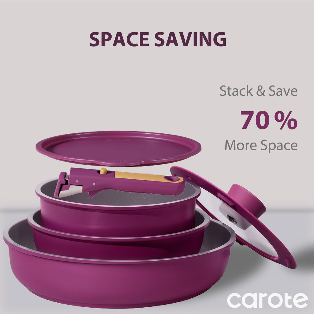 CAROTE 21pcs Pots and Pans Set, Nonstick Cookware Set Detachable Handle, Induction Kitchen Cookware Sets Non Stick with Removable Handle, RV Cookware Set, Gold and Purple