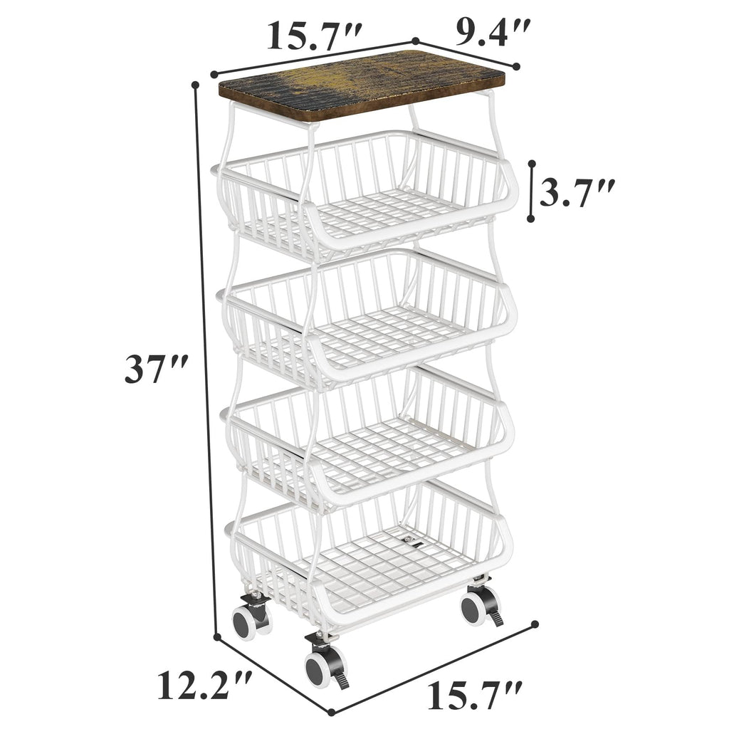 SAYZH Fruit Basket Kitchen Pantry Organizers and Storage - Wooden Top Table, Stackable Metal Wire Basket Stand Cart for Fruit Vegetable Snacks Onion Potato Organization, Black
