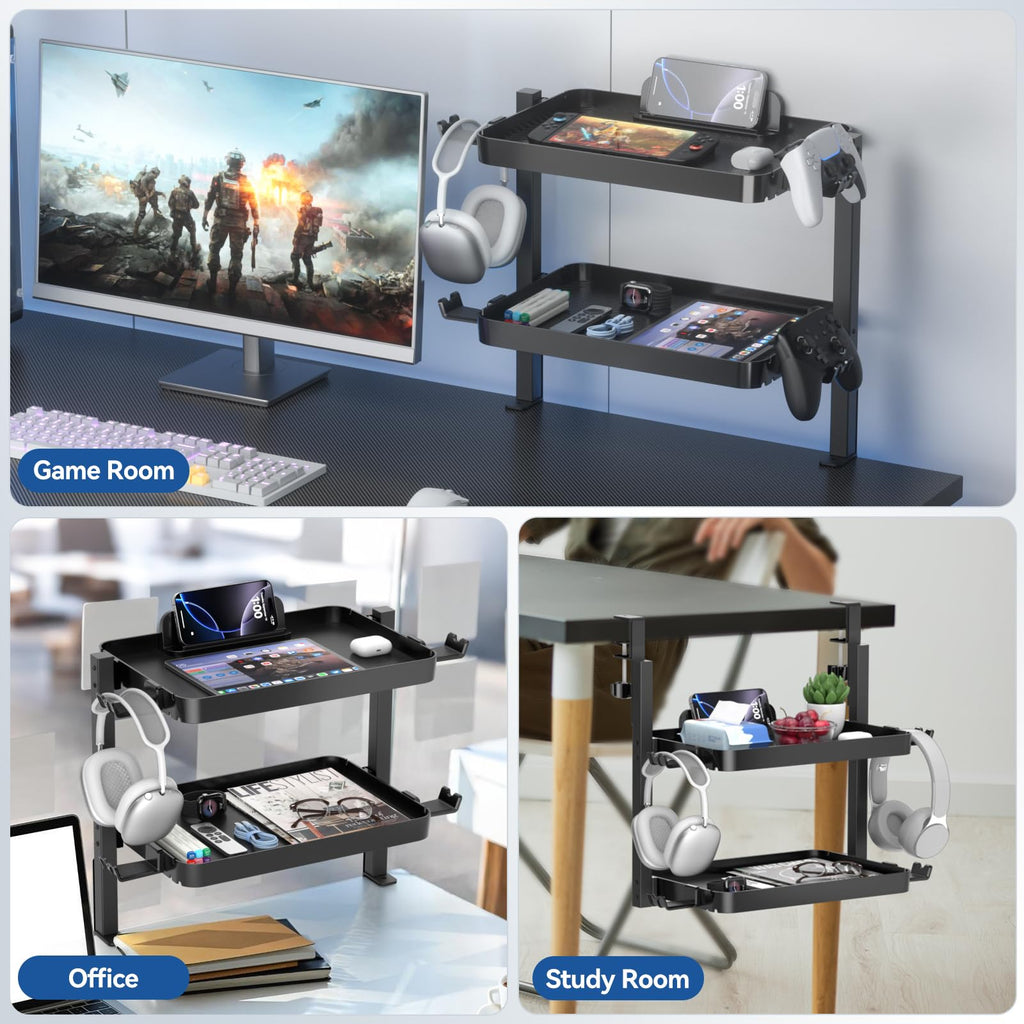 KDD Clamp On Desk Organizer - Adjustable 2-Tier Above or Under Desk Shelves with Large Capacity Tray, Phone & Tablet Holder, Headphone Hook - No Drilling Desktop Storage for Office & Home Accessories