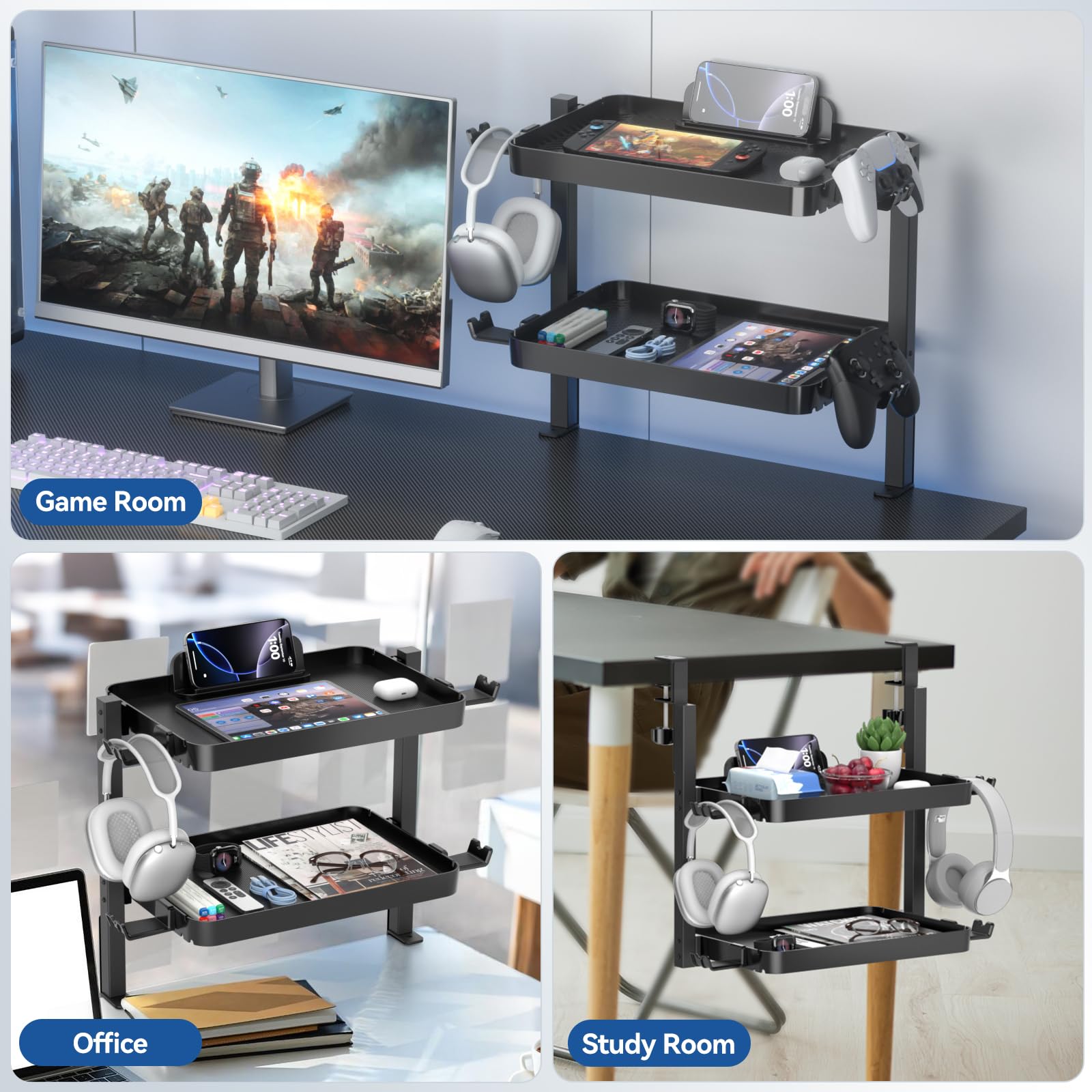 KDD Clamp On Desk Organizer - Adjustable 2-Tier Above or Under Desk Shelves with Large Capacity Tray, Phone & Tablet Holder, Headphone Hook - No Drilling Desktop Storage for Office & Home Accessories