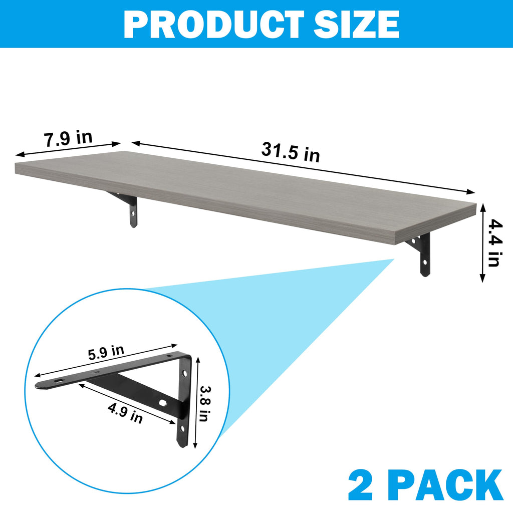 RedCall Floating Shelves for Wall,31.5 Inch Wall Mounted Shelves Set of 2,Long Board Shelves for Bedroom,Living Room, Bathroom & Kitchen Storage with Metal Brackets (Black)