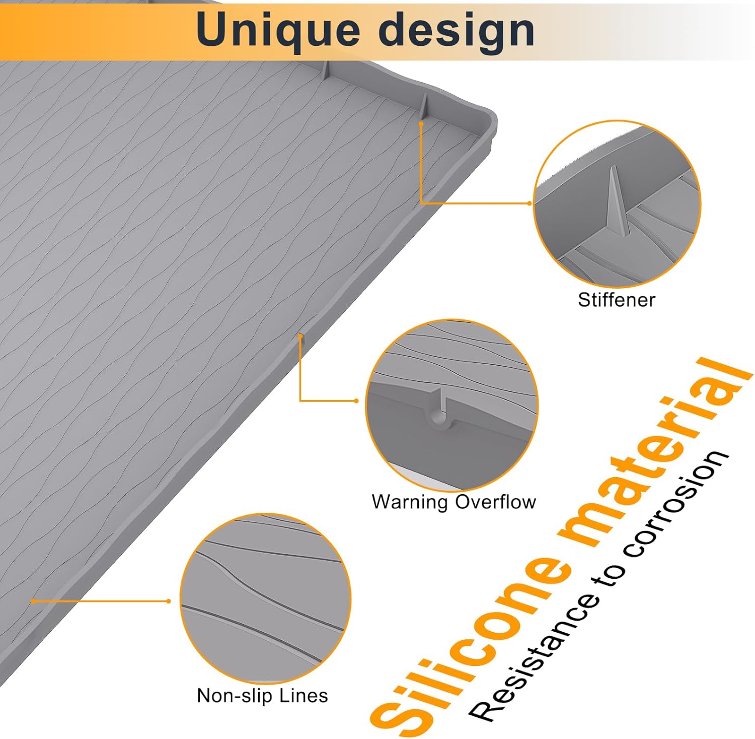 Under Sink Mat for Kitchen Waterproof, 34"×22“ Silicone Bathroom Sink Mat, Under Sink Liner Drip Tray and Protectors for Bottom of kitchen Sink, Fits 36" Stand Cabinets (Grey)