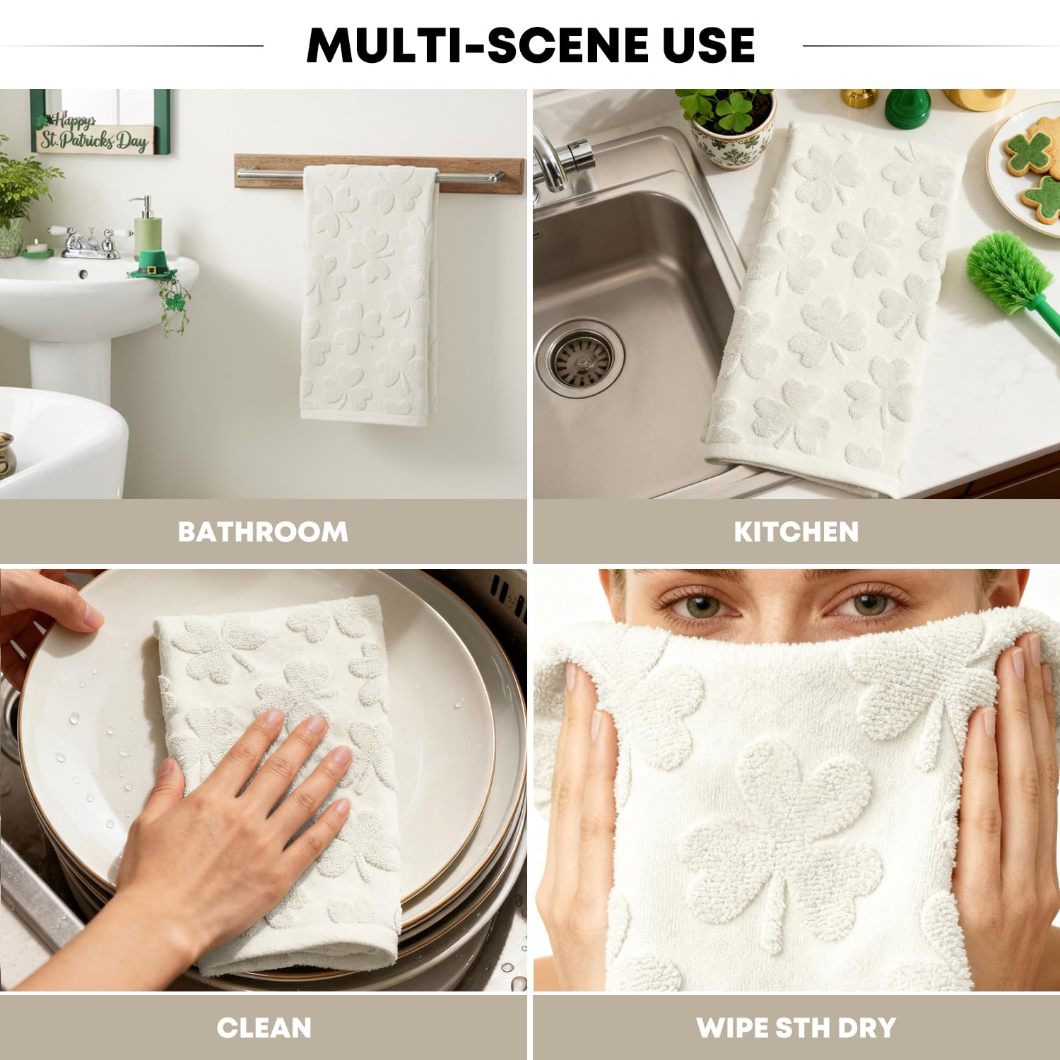 Artoid Mode 2 Pcs Dark Green 3D Shamrock Jacquard Patrick Hand Towels for Bathroom, 100% Cotton Soft Absorbent Bathroom Decor Towels, 13.7 x 29.5 Inch