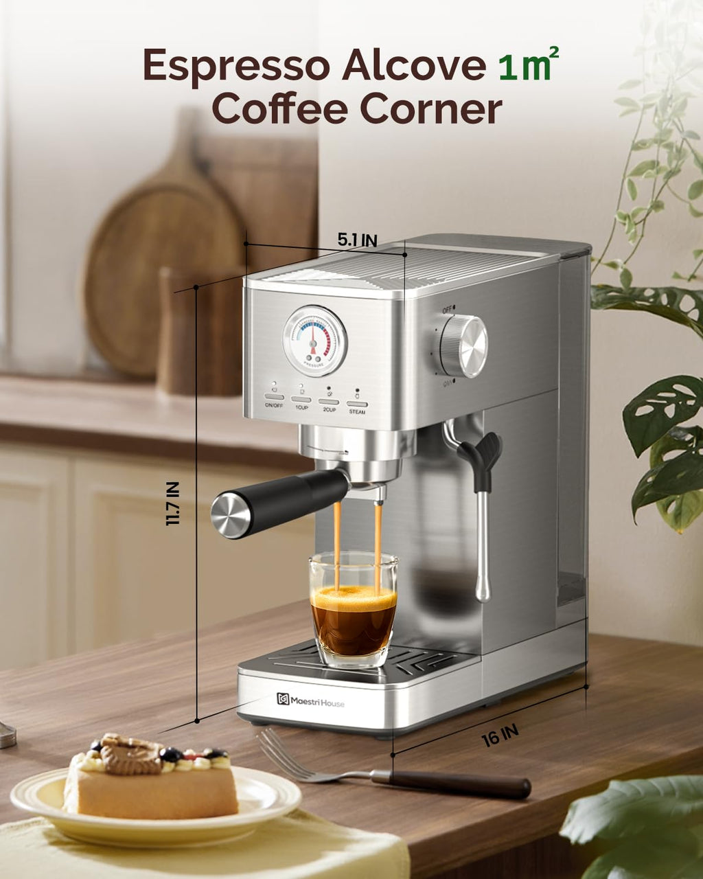 Maestri House Espresso Machine, 20 Bar ULKA Pump, Compact Espresso Maker Built-in Flow Meter Steam Milk Frother, Stainless Steel Coffee Machine for Cappuccino, Latte (Black)