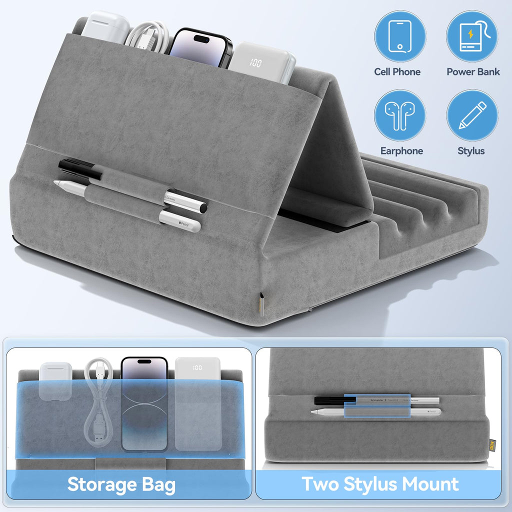 KDD Tablet Pillow Holder, Foldable iPad Stand for Lap, Bed and Desk -Tablet Soft Pad Dock with Pocket & Stylus Mount Compatible with iPad Pro 12.9, 10.5, 9.7 Air Mini 6 5 4 3, Galaxy Tab,E-Reader