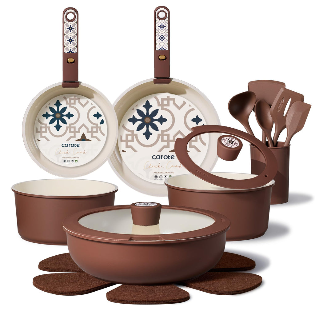 CAROTE 19Pcs Ceramic Cookware Set, Pots and Pans Set Non stick, Non Toxic Cookware Detachable Handle, Kitchen Cooking Set - Induction Cookware, Dishwasher/Oven Safe, PFAS Free, Green