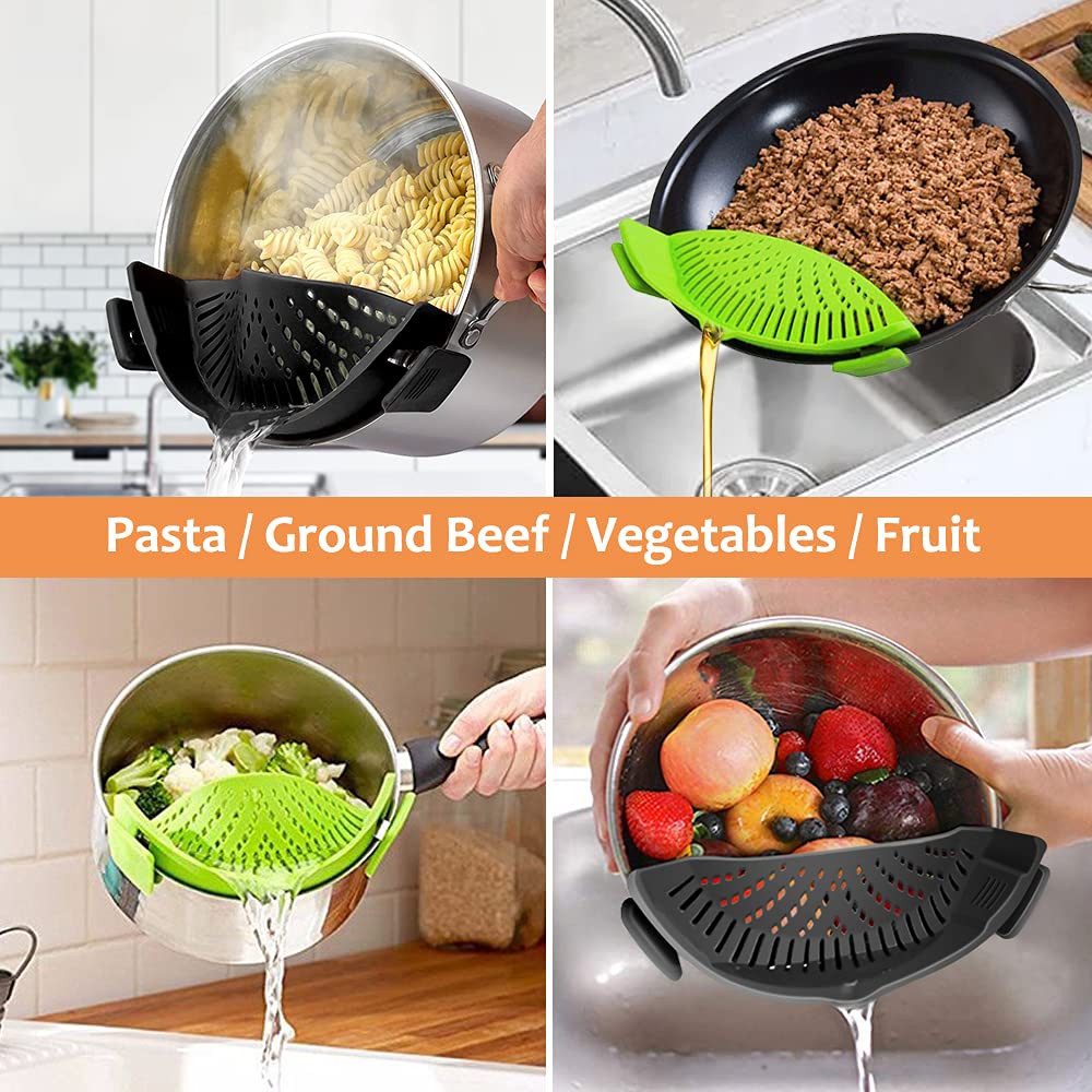 YEVIOR Clip on Strainer for Pots Pan Pasta,Silicone Food Pan Strainer | Food-grade BPA-free,Kitchen Food Strainer for Spaghetti, Pasta,Vegetable Fruits Fits All Bowls and Pots (Green)