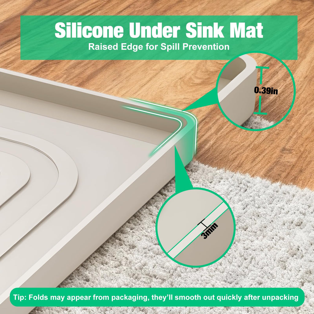 Aisslro Under Sink Mat 22" X 19", Waterproof Silicone Cabinet Protector with Raised Edge, Kitchen & Bathroom Leak Tray, Shelf Liner & Pet Feeding Mat for Dog Cat Food Mats, Light Gray