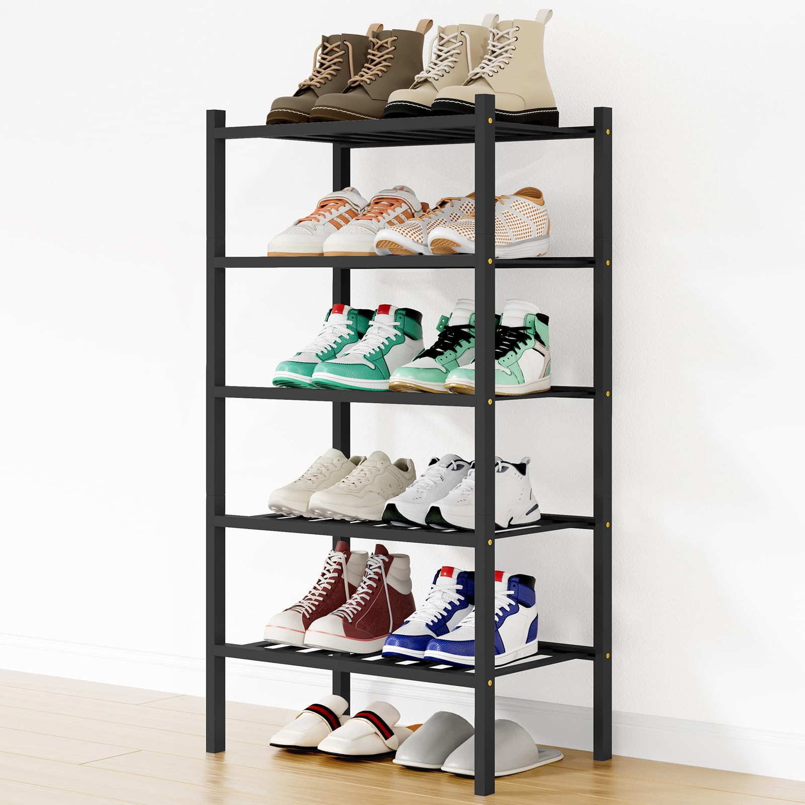 Smiry Shoe Rack, 3 Tier Bamboo Shoe Organizer, Stackable Free Standing Wooden Shoe Storage Shelf for Closet, Entryway, Front Door Entrance, Natural