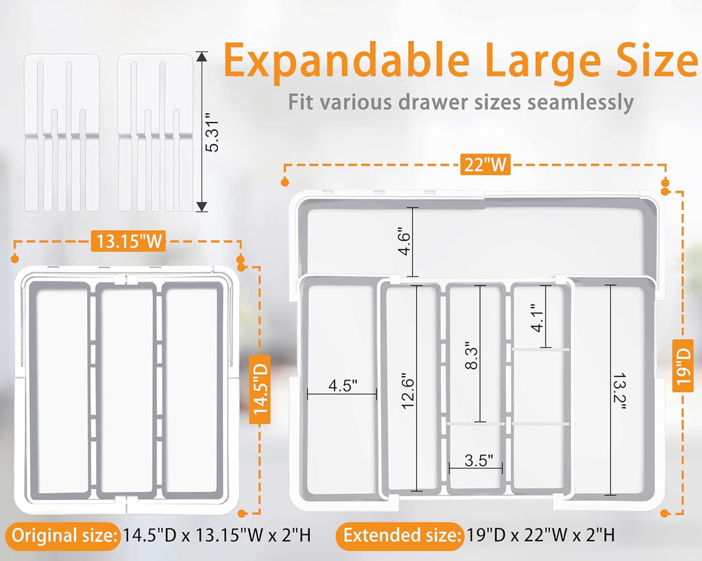 Homecor Kitchen Utensil Drawer Organizer, Large 22"x 19" Expandable Silverware Organizer with Removable Knife Block, Utensil Holder and Cutlery Tray, Kitchen Spatula Tools and Gadgets Storage, White