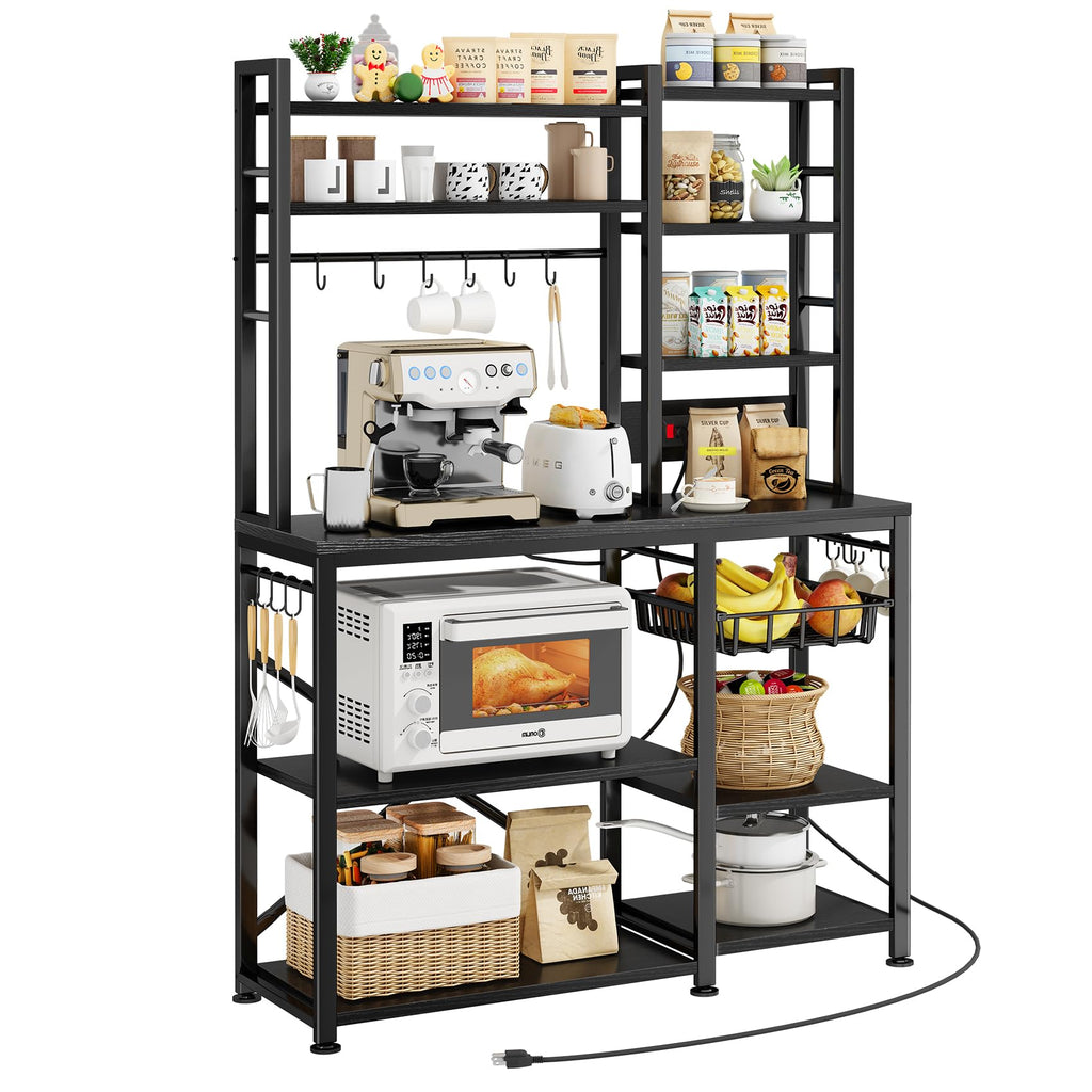Baker Rack with Power Outlet - Microwave Stand with Storage, Large Coffee Bar Station with 14 Hooks, Metal Kitchen Shelf Rack for Spices, Pots (Rustic Brown) | with Power Outlet, with Storage, with 14 Hooks, for Spices, for Pots