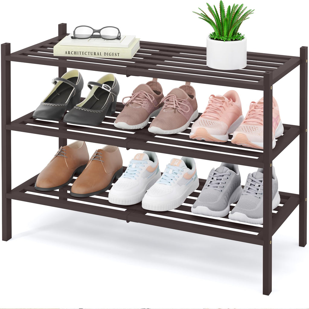 Smiry Bamboo Shoe Rack 3-Tier, Stackable Wooden Shoe Organizer for Entryway & Closet, Free Standing Wood Shoe Storage Shelf for Front Door & Small Spaces, Natural