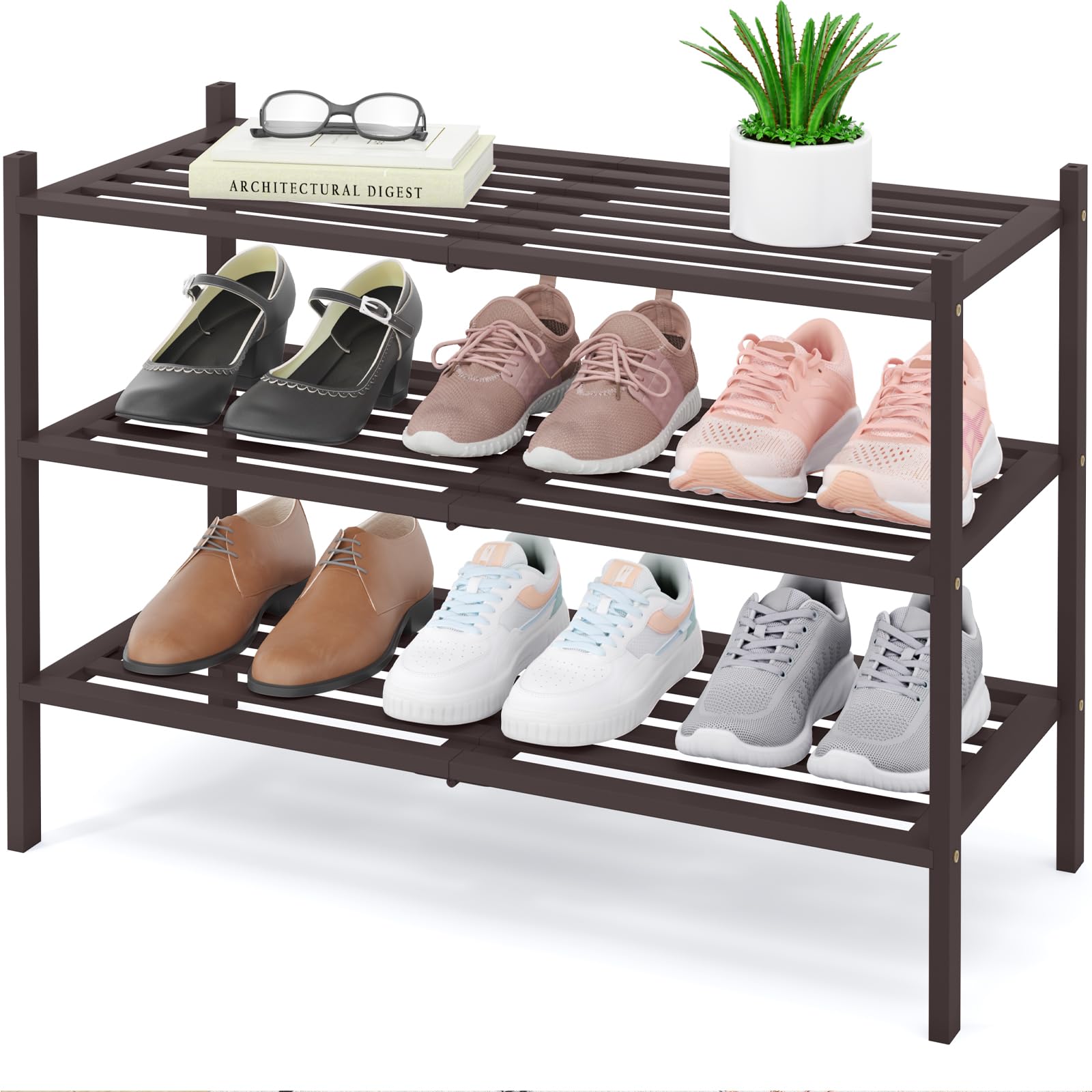 Smiry Bamboo Shoe Rack 3-Tier, Stackable Wooden Shoe Organizer for Entryway & Closet, Free Standing Wood Shoe Storage Shelf for Front Door & Small Spaces, Natural