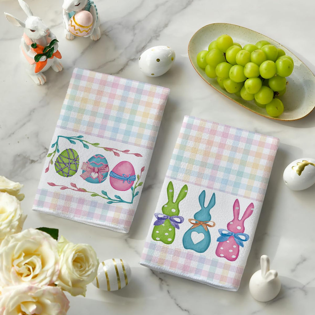 Artoid Mode Stripe Rabbit Bunny Eggs Easter Kitchen Towels Dish Towels, 18x26 Inch Spring Decoration Hand Towels Set of 2