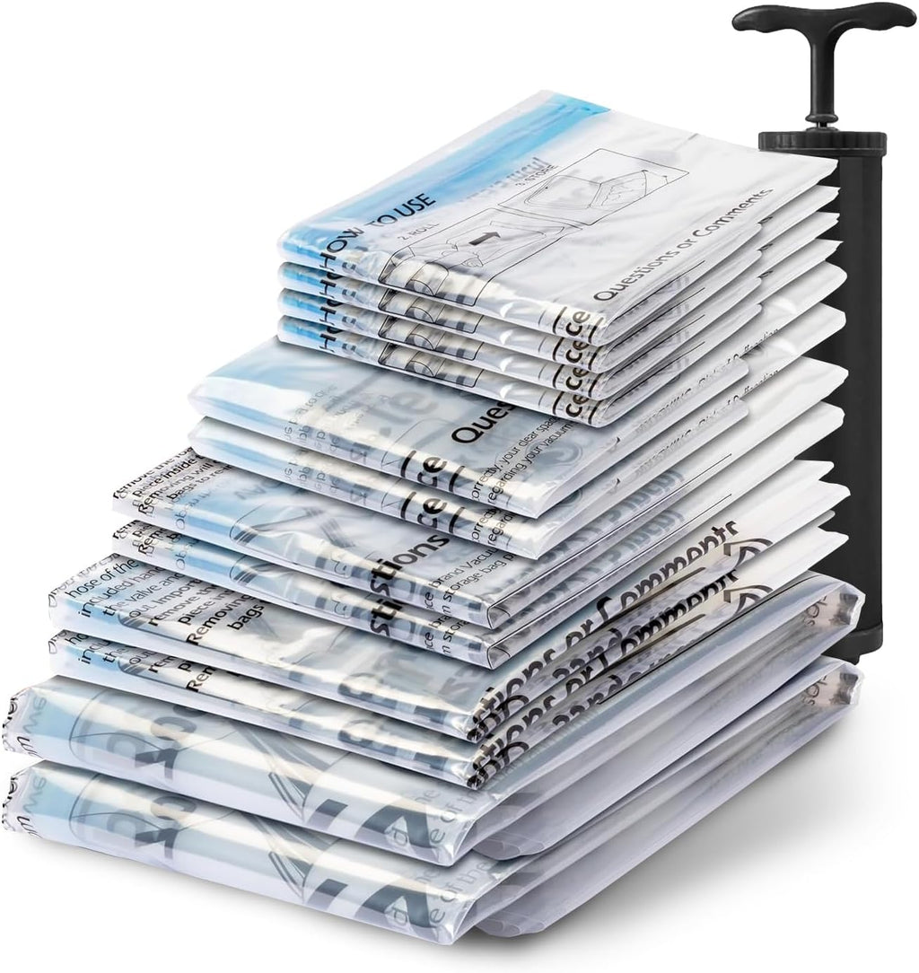 Vacuum Seal Bags for Clothing Travel, 12 Combo - Space Saver Vacuum Storage Bags, Blanket & Clothes Storage Bags Vacuum Sealed – Hand Pump Included, Bolsas Para Guardar Ropa Al Vacío