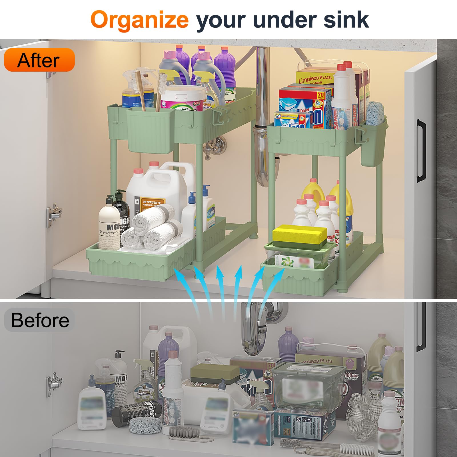 4 Pack Under Sink Organizer, Bathroom Organizers and Storage, 2 Tier Multi-Use Pull Out Cabinet Organizer with Hang Hooks and Cups (Black, 4 Pack)