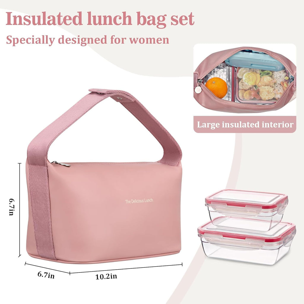 Lunch Bag Set For Women Insulated Leather Woman Lunch Bag With 2 Lunch Box Containers Spoon and Ice Pack Leakproof Reusable High Capacity Lunch Tote Bags for Work, Travel, Outdoor