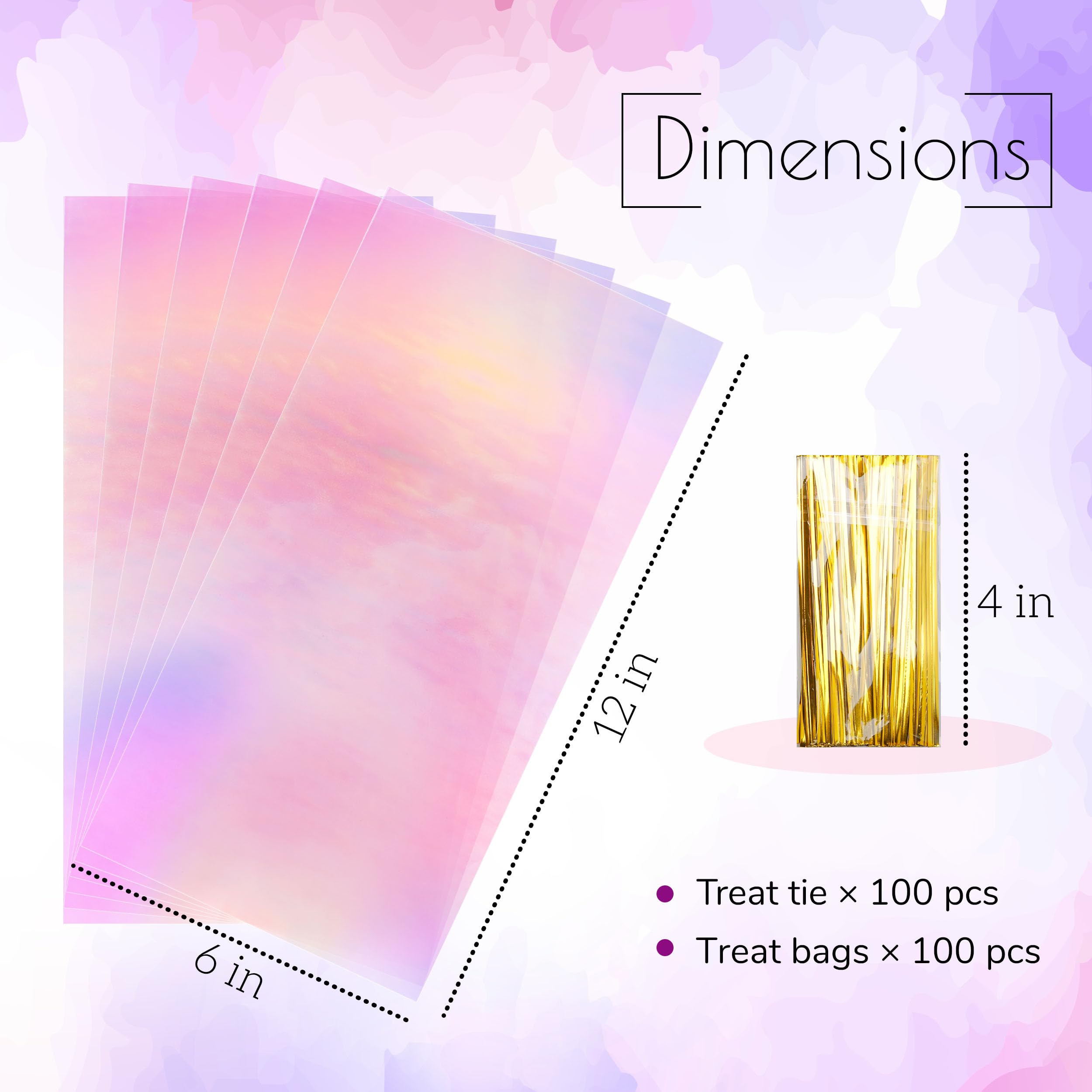 NPLUX Cellophane Treat Bags,Plastic Iridescent Party Favor Bags Clear Candy Bags with Twist Ties for Gift, Cookies, Snacks(100PACK, 6x10inch)