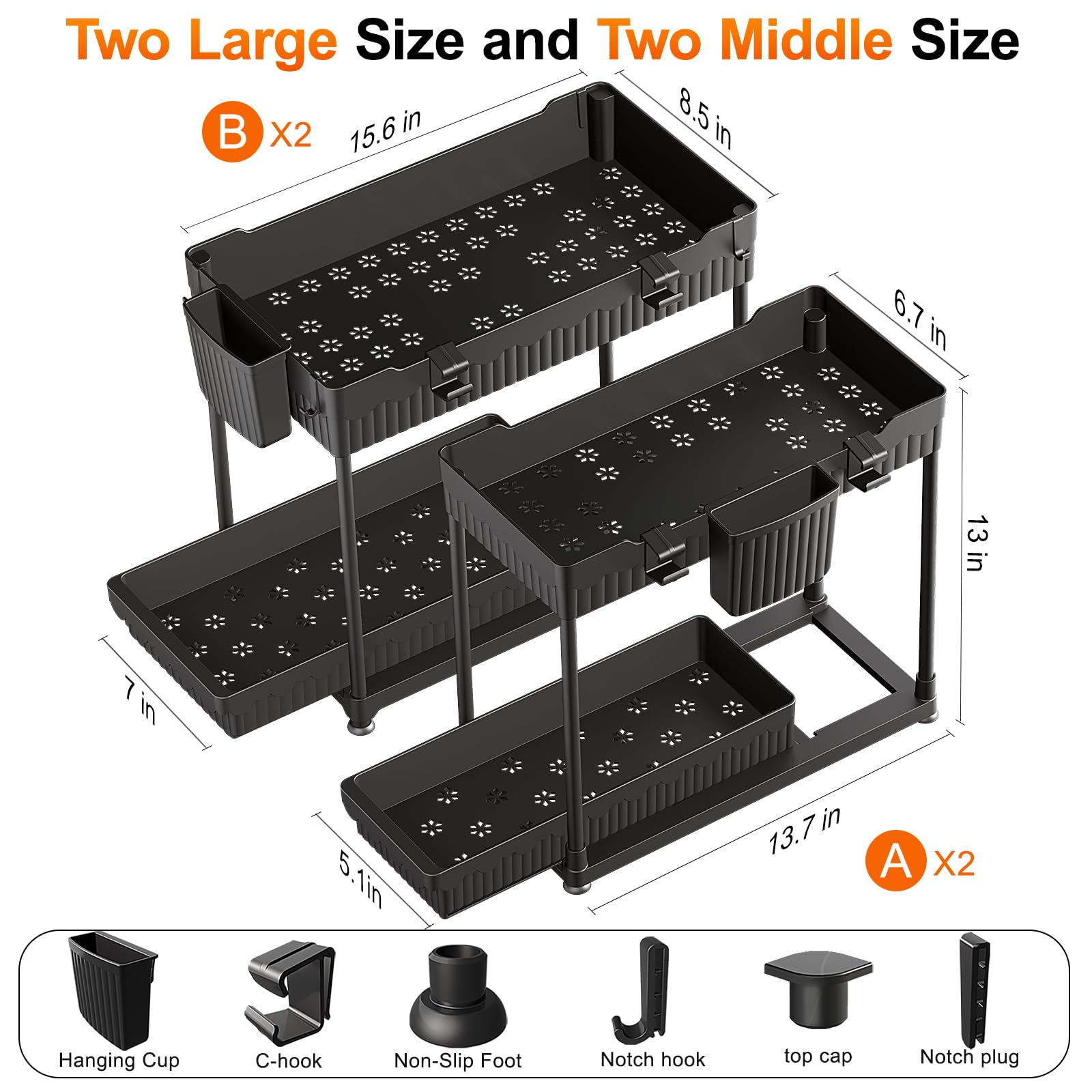 4 Pack Under Sink Organizer, Bathroom Organizers and Storage, 2 Tier Multi-Use Pull Out Cabinet Organizer with Hang Hooks and Cups (Black, 4 Pack)