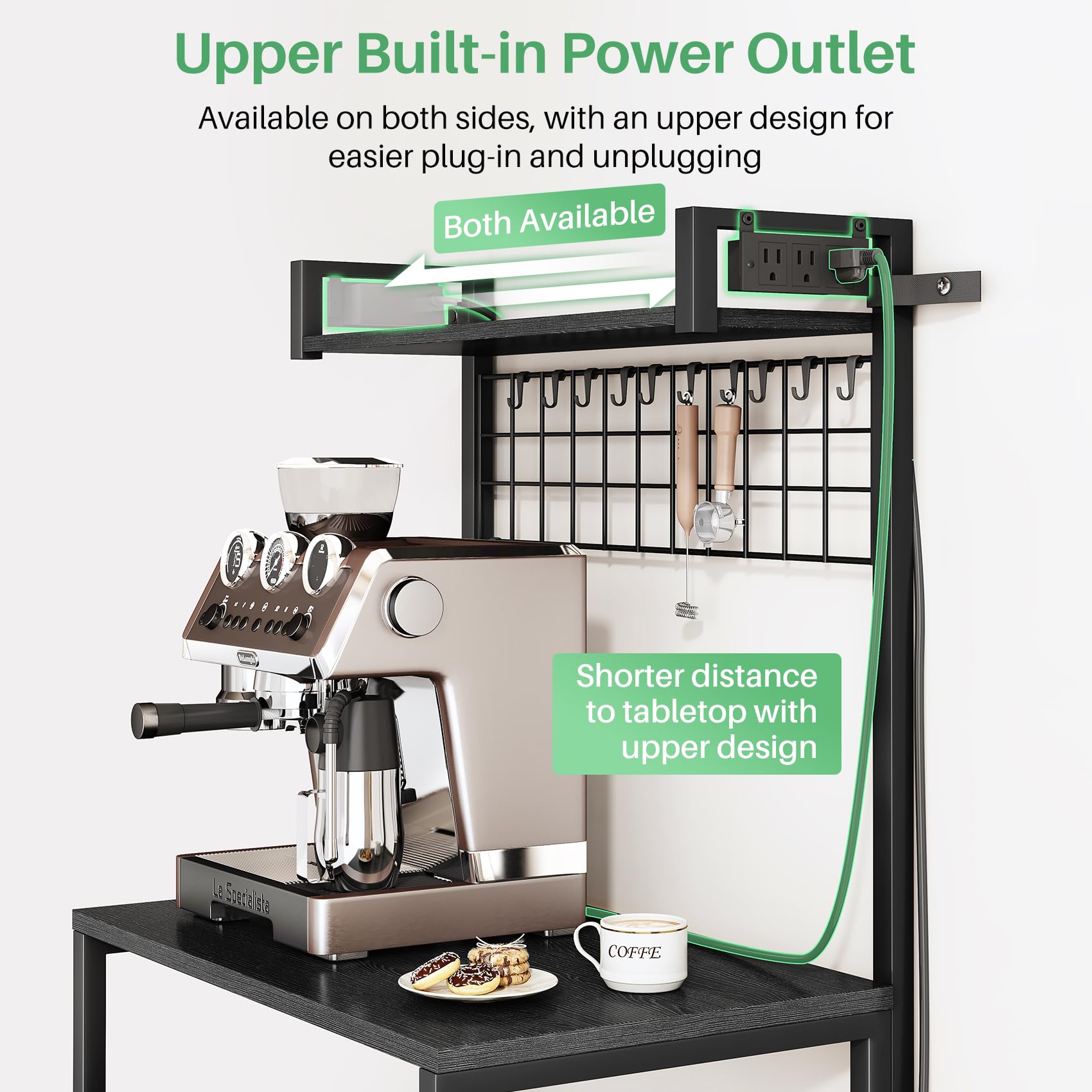 SNTD Bakers Rack with Power Outlet, Kitchen Shelves Microwave Stand with Wire Grid and 10 Hooks, 4 Tiers Coffee Stand (Rustic Brown, 23.5 x 15.6 x 52.8 Inches)