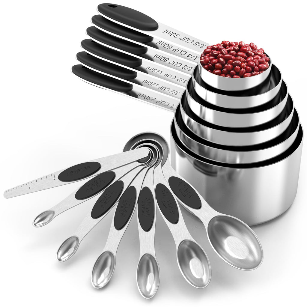 TILUCK measuring cups and magnetic measuring spoons set, stainless steel measuring cups, 6 double-sided stainless steel measuring spoons & 1 leveler (12)