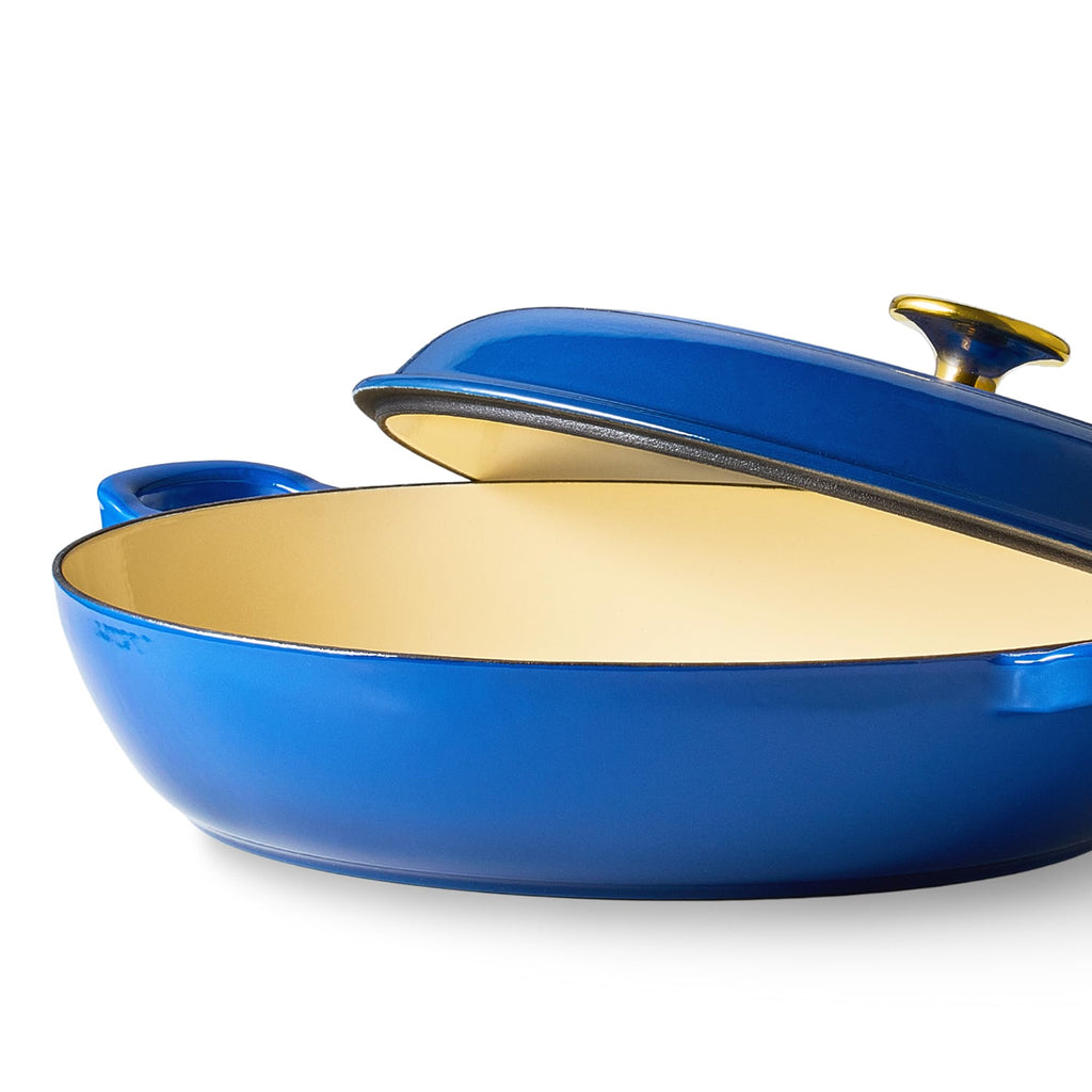 CAROTE 3.4QT Enameled Cast Iron Braiser Pan, Shallow Dutch Oven Casserole Skillets, Non-Toxic Cast Iron Pot with Lid for Grilling, Searing, Baking, Dual Handles, All Stovetop Compatible, White