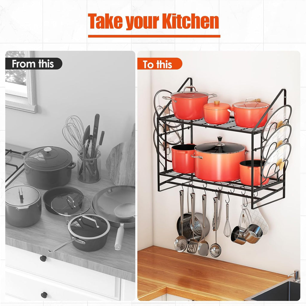 28-Inch Pot Rack Wall Mounted, 2-Tier Pots and Pans Hanger with 12 Hooks, Pot and Pan Hanging Rack for Wall, 6 Pot Lid Holders, Heavy-Duty Pot Hanger for Kitchen Cookware and Utensils, Black