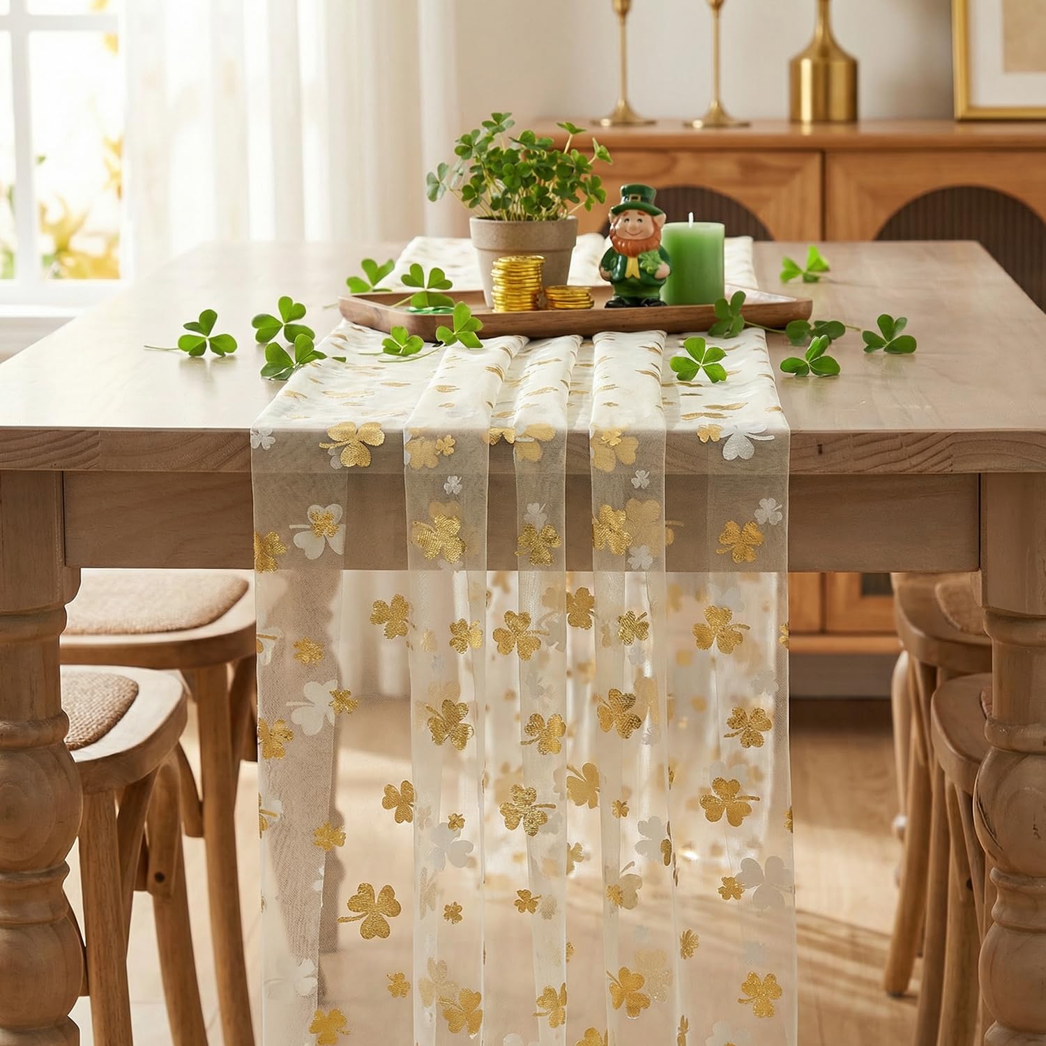 Artoid Mode Gauze Green Shamrocks St.Patrick's Day Table Runner 120 Inch 10FT,Seasonal Sheer Dining Holiday Baby Shower Table Decor for Home Party