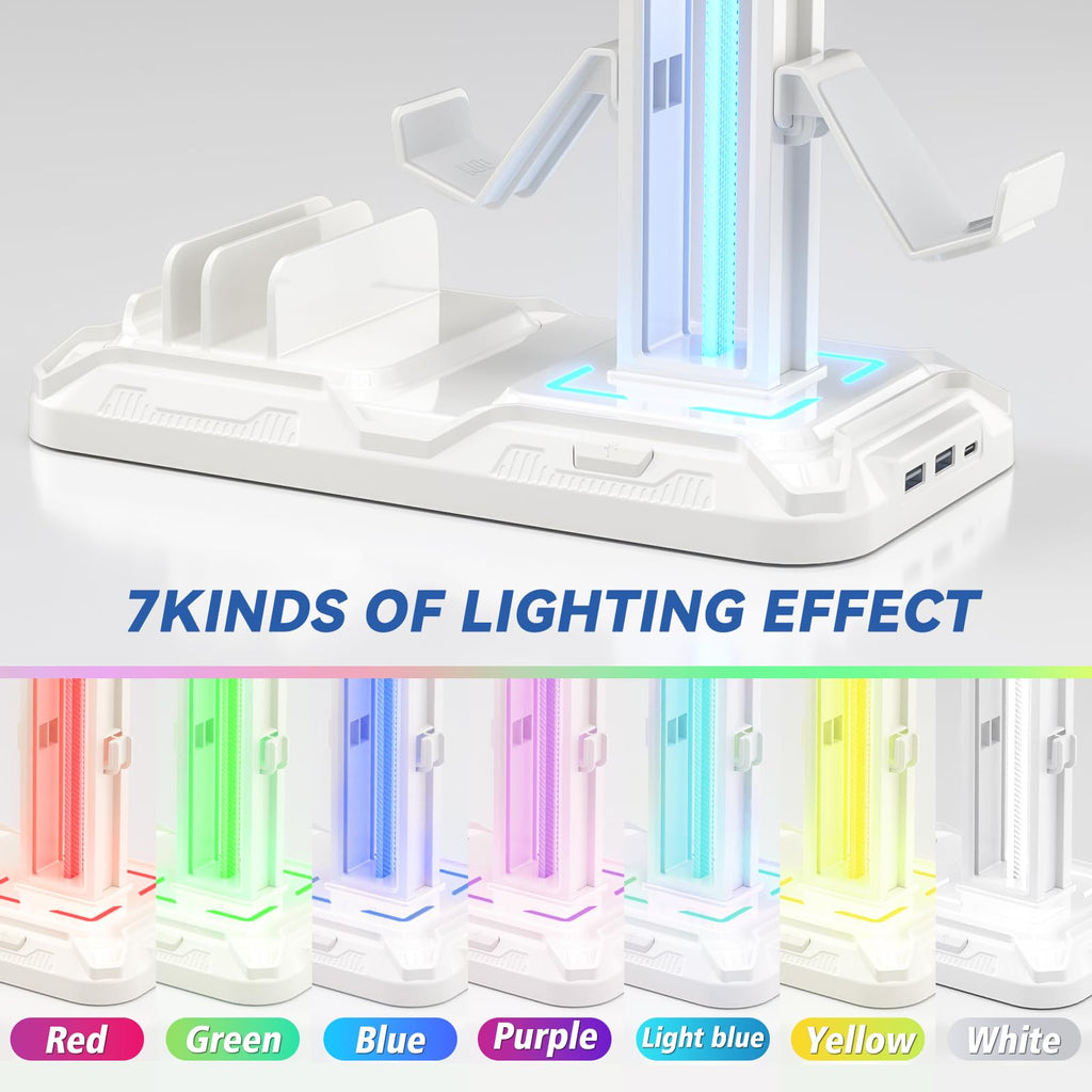 KDD Headset Stand with Charging Station - Detachable Controller Holder with 9 Light Modes - Rotatable Headphone Hanger with USB A&C Charger Ports - Earphone Hook for PC Gaming Accessories Storage