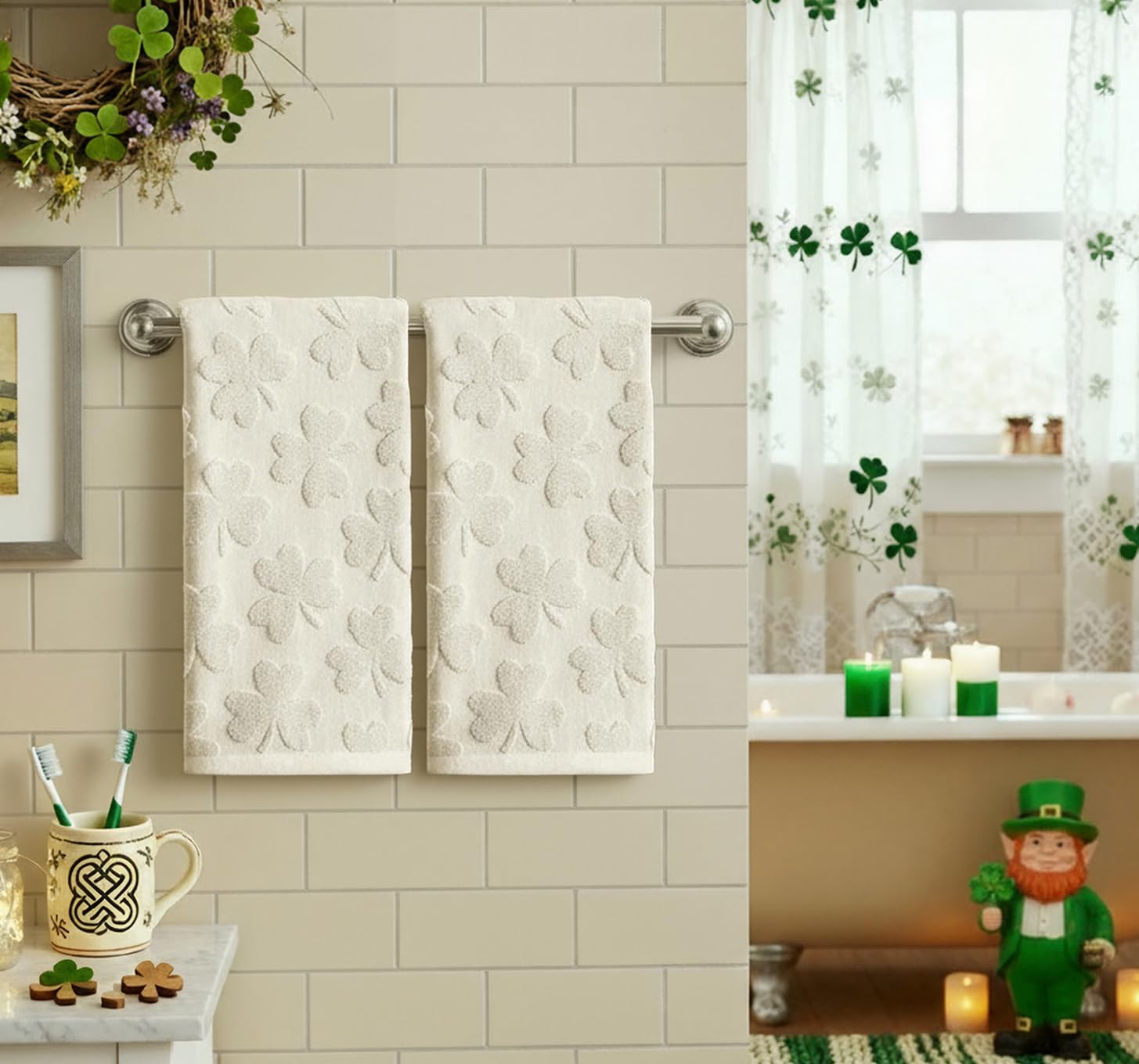 Artoid Mode 2 Pcs Dark Green 3D Shamrock Jacquard Patrick Hand Towels for Bathroom, 100% Cotton Soft Absorbent Bathroom Decor Towels, 13.7 x 29.5 Inch