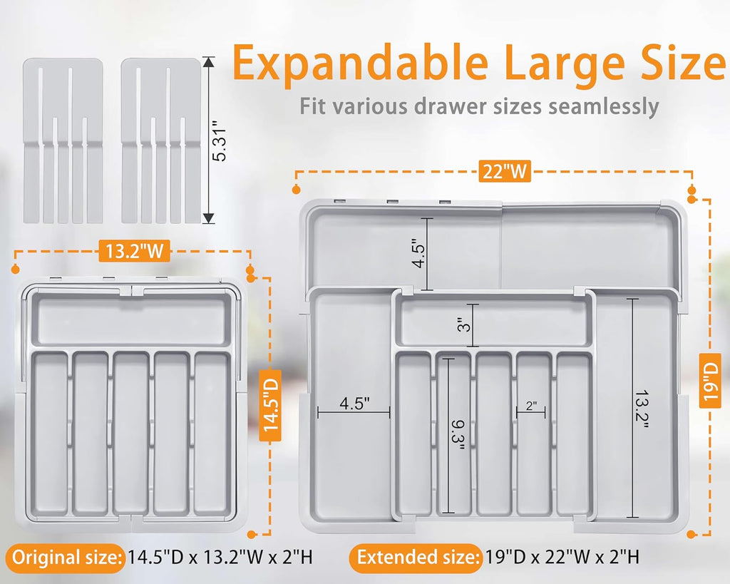 Homecor Silverware Organizer - Expandable Large Kitchen Drawer Organizer Utensil Organizer with 2 Removable Knife Blocks & 2 PACK Acrylic Straw Holder for Cabinet Door