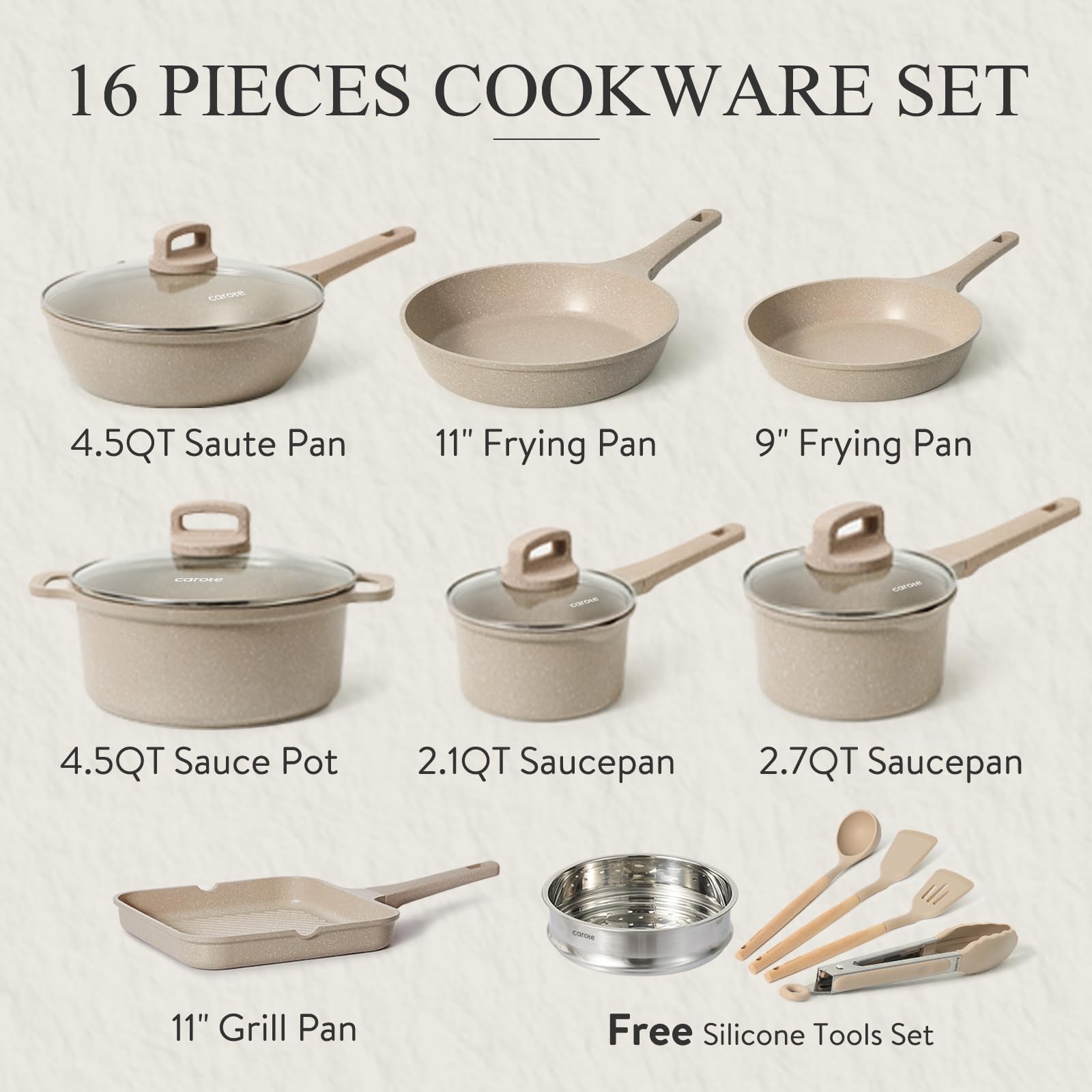 CAROTE 17pcs Pots and Pans Set, Nonstick Cookware Set Detachable Handle, Induction Kitchen Cookware Sets Non Stick with Removable Handle, RV Cookware Set, Oven Safe
