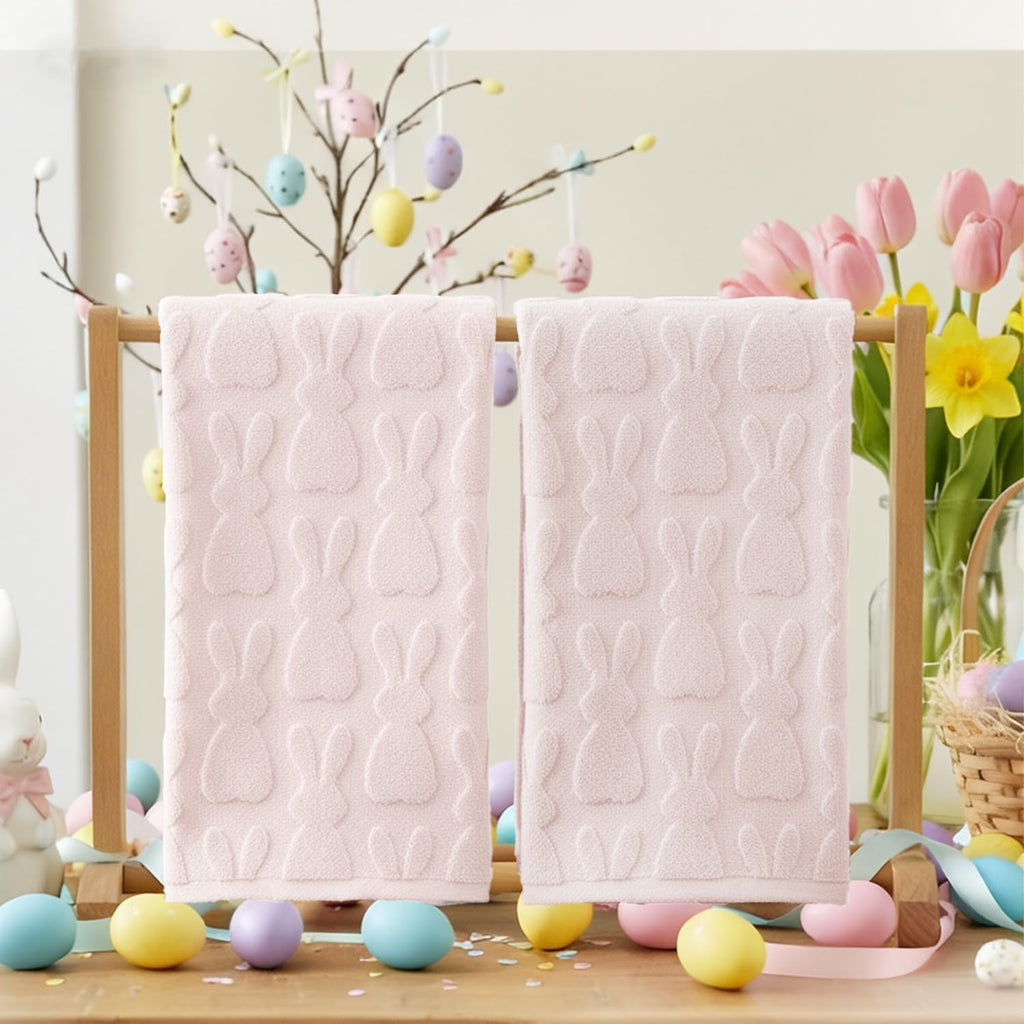 Artoid Mode 2 Pcs Beige 3D Rabbit Jacquard Easter Hand Towels for Bathroom, 100% Cotton Soft Absorbent Bathroom Decor Towels, 13.7 x 29.5 Inch