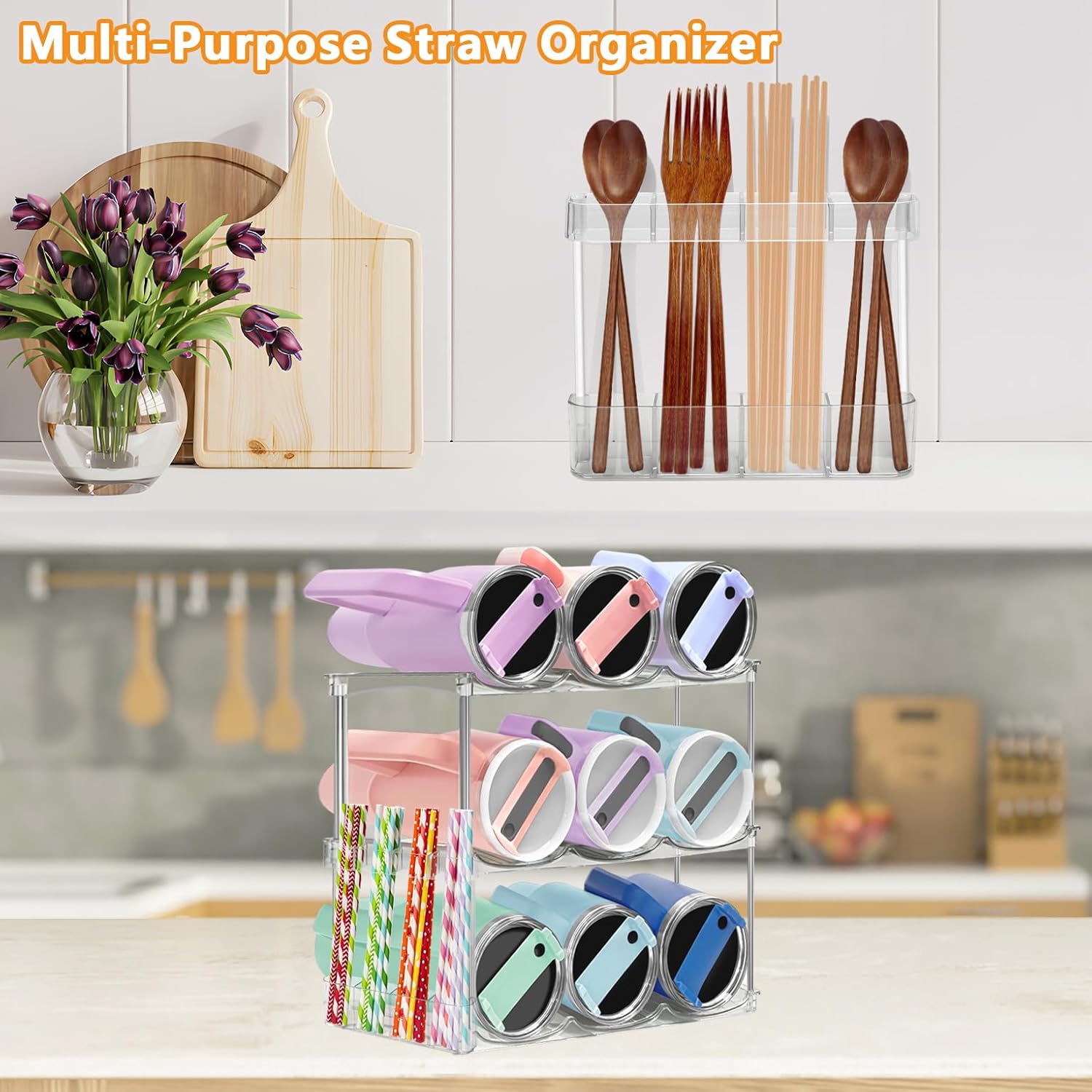 2 PACK Acrylic Straw Holder for Cabinet Door - Reusable Tumbler Straw Organizer Storage Dispenser with Ultra Sticky Adhesive Strips, Small Kitchen Accessories Container for Kitchen Cupboard Door