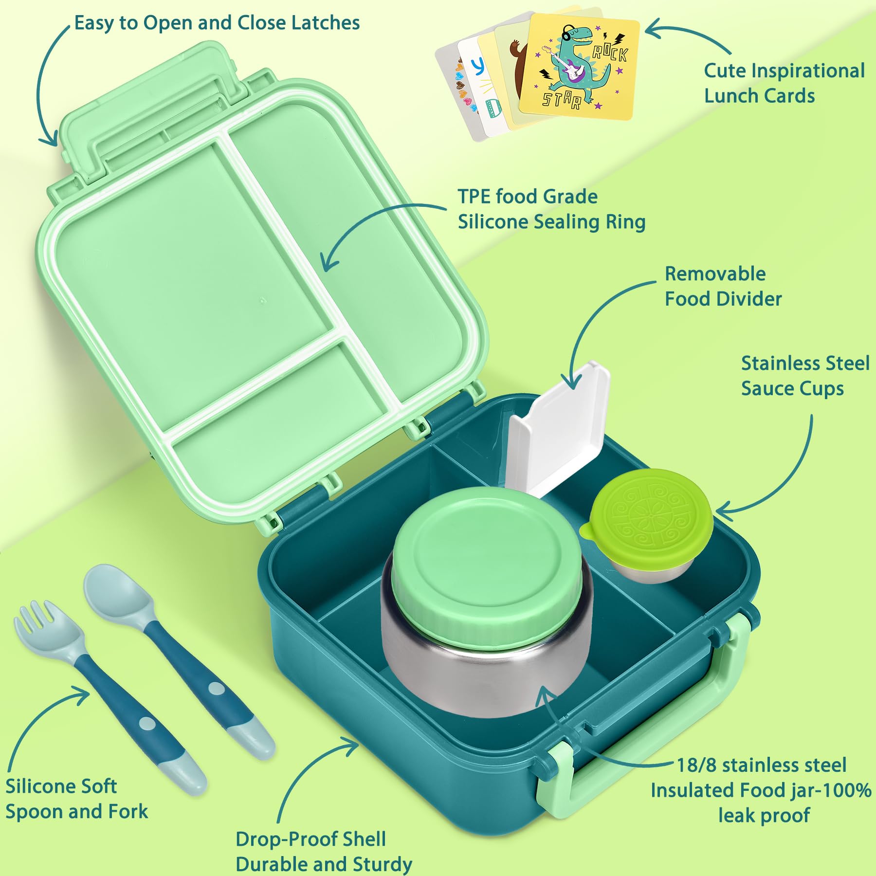 Kids Bento Lunch Box with 9oz Soup Thermo Leakproof Lunch Food Containers 4 Compartment with Insulated Hot Food Jar for Kid Toddler Girls Boys to School Trvael