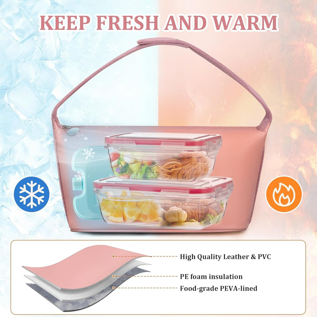 Lunch Bag Set For Women Insulated Leather Woman Lunch Bag With 2 Lunch Box Containers Spoon and Ice Pack Leakproof Reusable High Capacity Lunch Tote Bags for Work, Travel, Outdoor