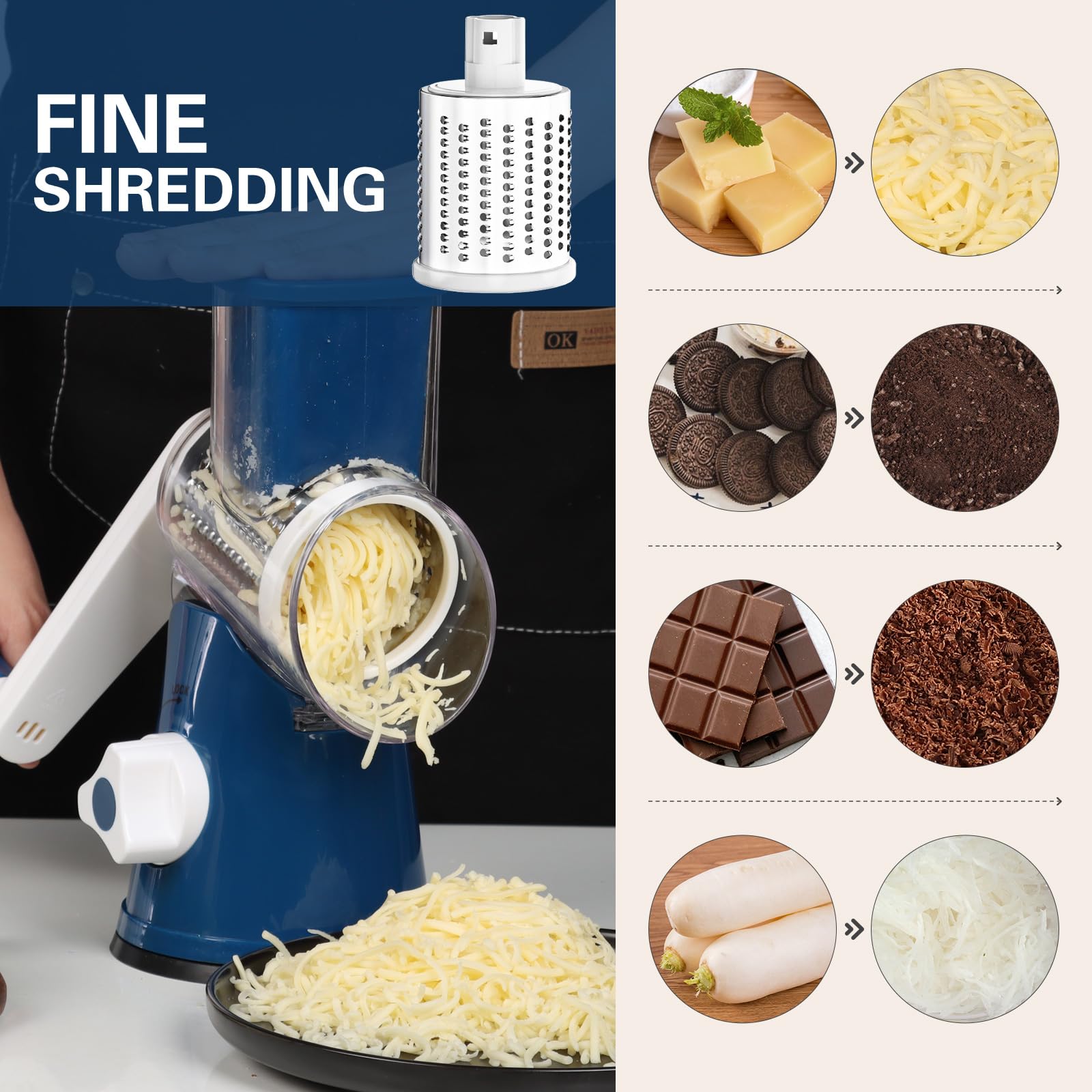 Cambom 5 in 1 Rotary Cheese Grater Hand Crank Cheese Shredder for Fresh Cheese, Vegetable, Nuts,Non-slip Suction Base, Black
