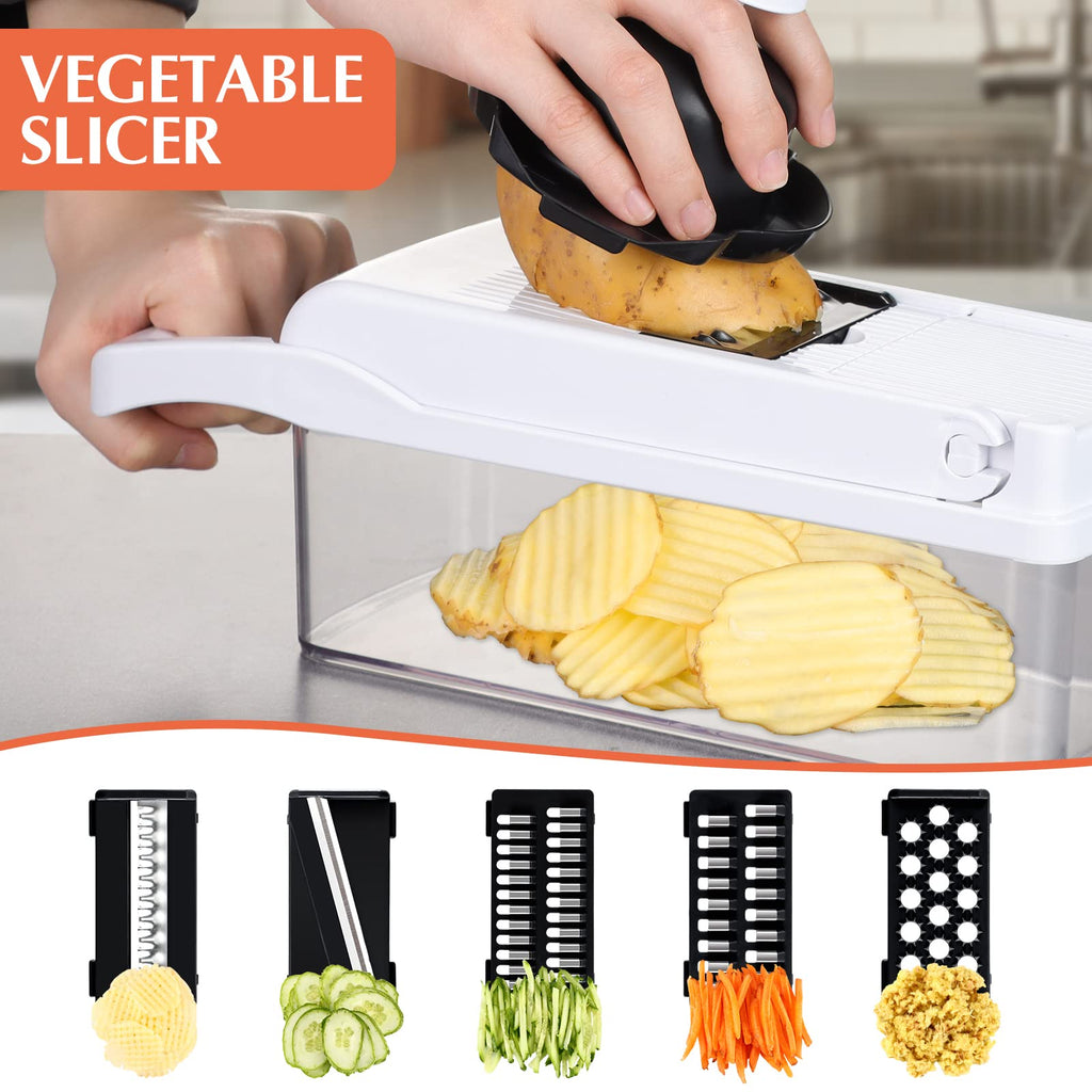 KEOUKE Vegetable Chopper Mandoline Slicer Grey - 12 in 1 Interchangeable Blades Food Chopper with Container, Hand Guard & Drainer, Veggie Dicer Kitchen Gadget for Onion, Cucumber, Tomato, Fruit
