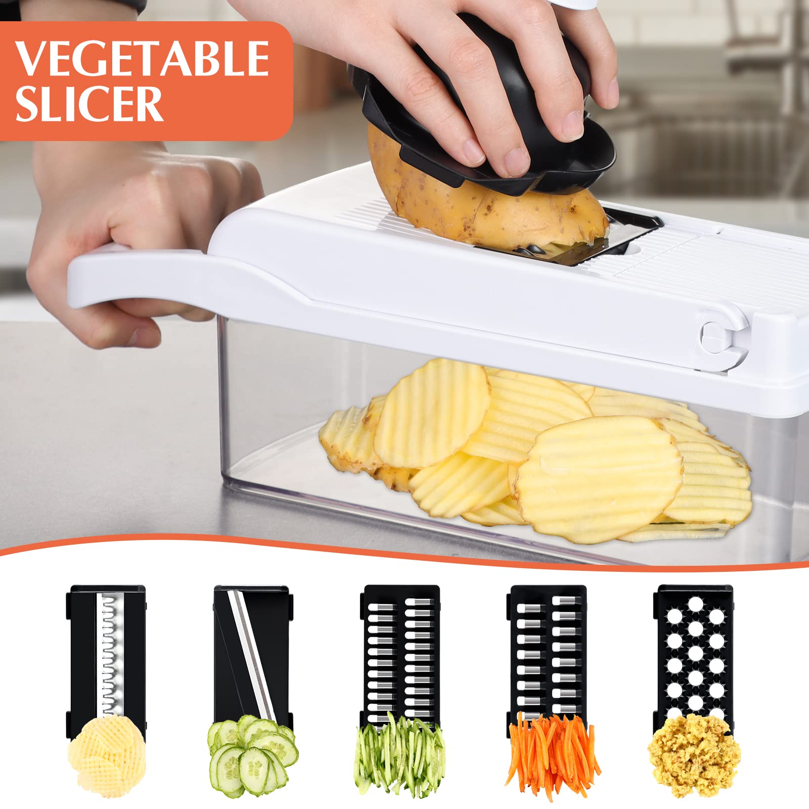 KEOUKE Vegetable Chopper Mandoline Slicer Grey - 12 in 1 Interchangeable Blades Food Chopper with Container, Hand Guard & Drainer, Veggie Dicer Kitchen Gadget for Onion, Cucumber, Tomato, Fruit