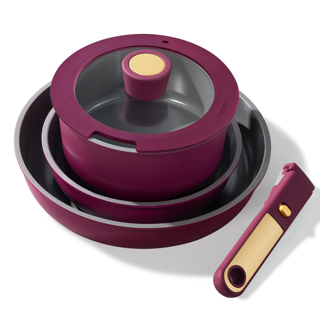 CAROTE 21pcs Pots and Pans Set, Nonstick Cookware Set Detachable Handle, Induction Kitchen Cookware Sets Non Stick with Removable Handle, RV Cookware Set, Gold and Purple