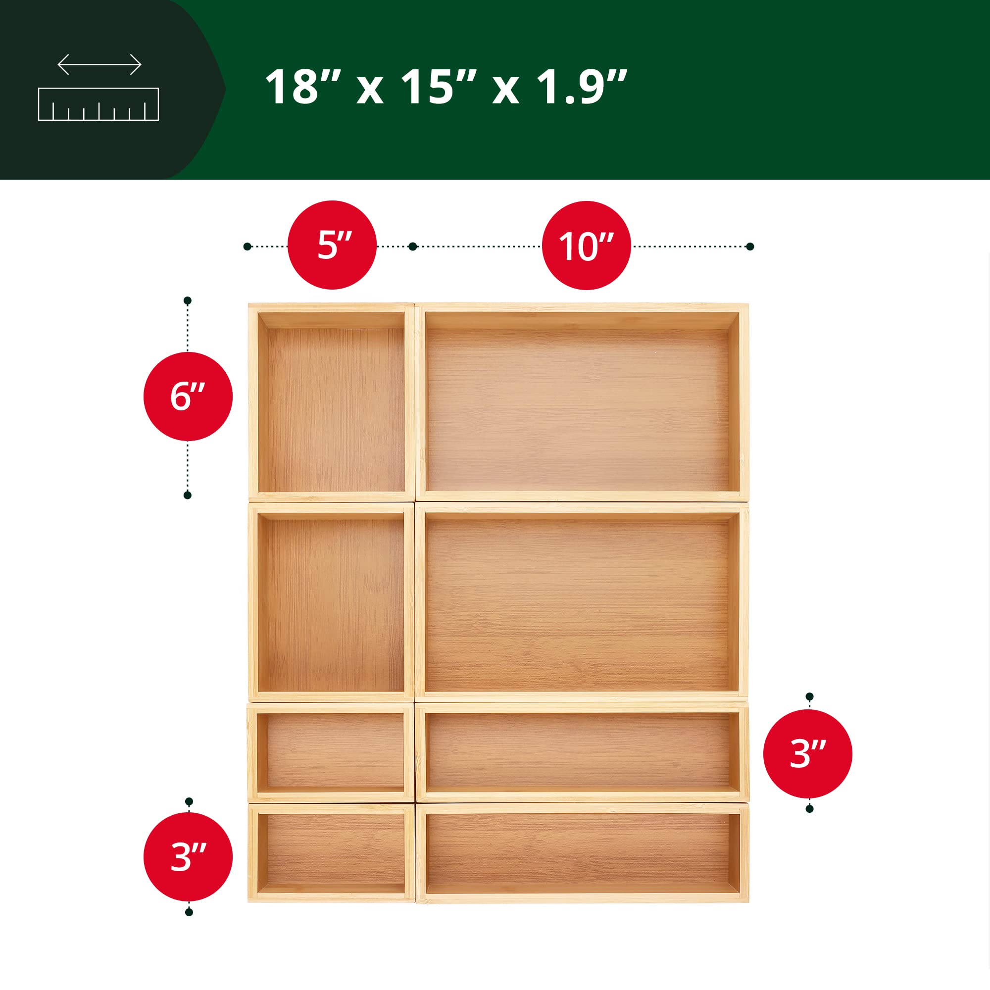 ROYAL CRAFT WOOD 5-Piece Bamboo Drawer Organizer Set – Multi-Use Storage Trays for Kitchen, Bathroom, Office, Makeup, Jewelry & More – Junk Drawer Tray, Utensil Holder, Storage Box & Bin Set (5 Boxes)