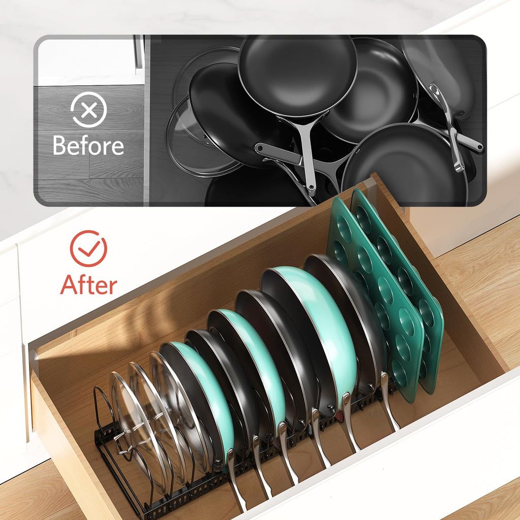 ORDORA Pots and Pans Organizer under Cabinet, Expandable 11.8"-22.8" Pot Lid Holder with 12 Adjustable Dividers, Pan Organizers inside Cabinet for Kitchen Cookware Bakeware, Black