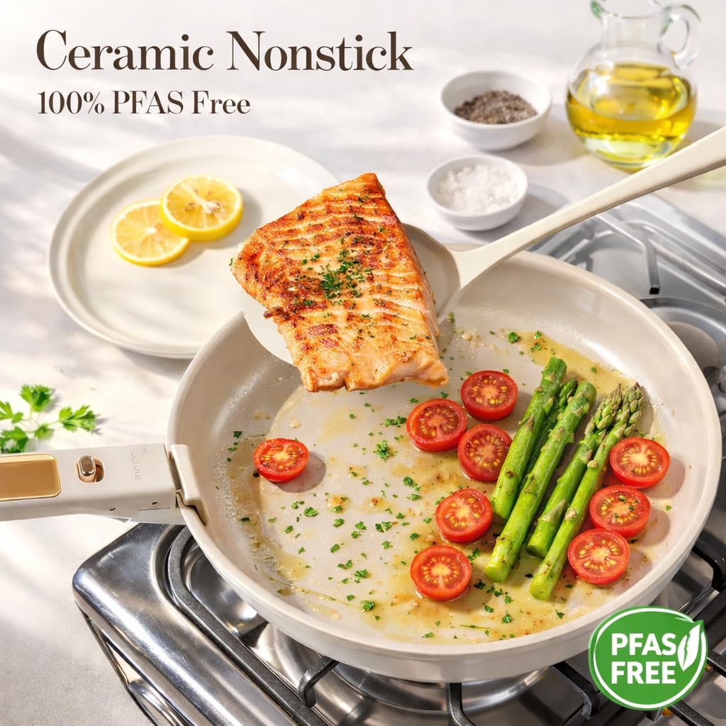 CAROTE 4pcs Ceramic Frying Pans Titanium Non Stick, 8"+10"+12” Frying Pan Egg Pan Omelet Pans with Detachable Handle, Nonstick Cookware, PFOA Free, Induction Compatible & Oven Safe, Dishwasher Safe