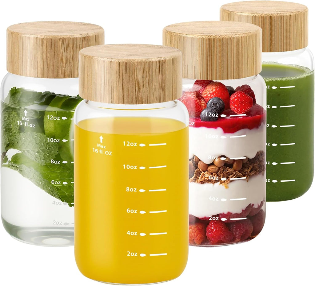 Freshmage 4 Pack Glass Water Bottles with Lids, 16 oz Reusable Wide Mouth Glass Juice Bottles with Bamboo Caps for Juicing, Smoothies, Water, Beverage Storage, 100% Leak Proof, BPA-Free, Borosilicate