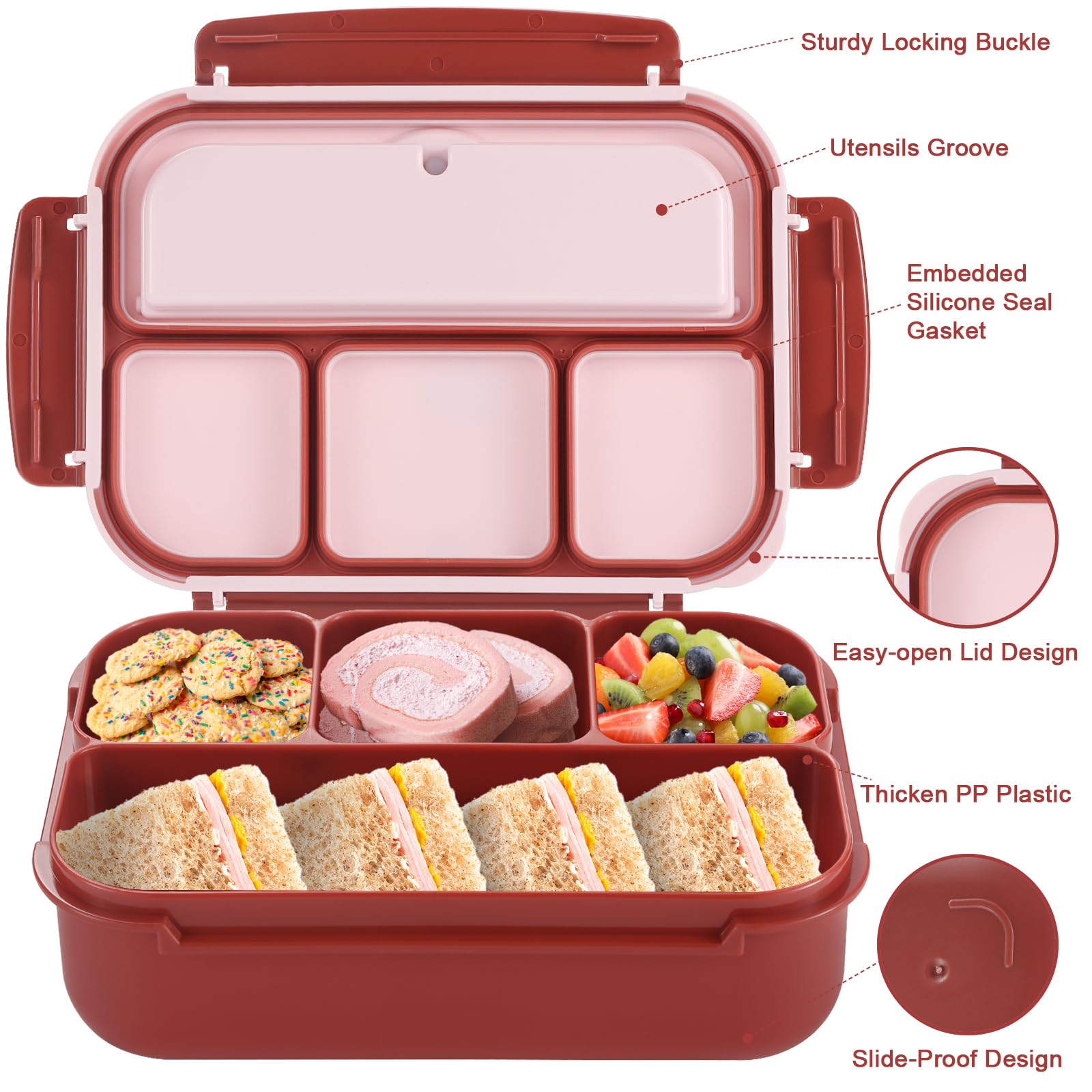 Bento Box Adult Lunch Box, Containers for Adults Men Women with 4 Compartments, Lunchable Food Container with Utensils, Sauce Jar, Muffin Liners, 40 Oz/5 Cup, Microwave & Dishwasher Safe, Brown
