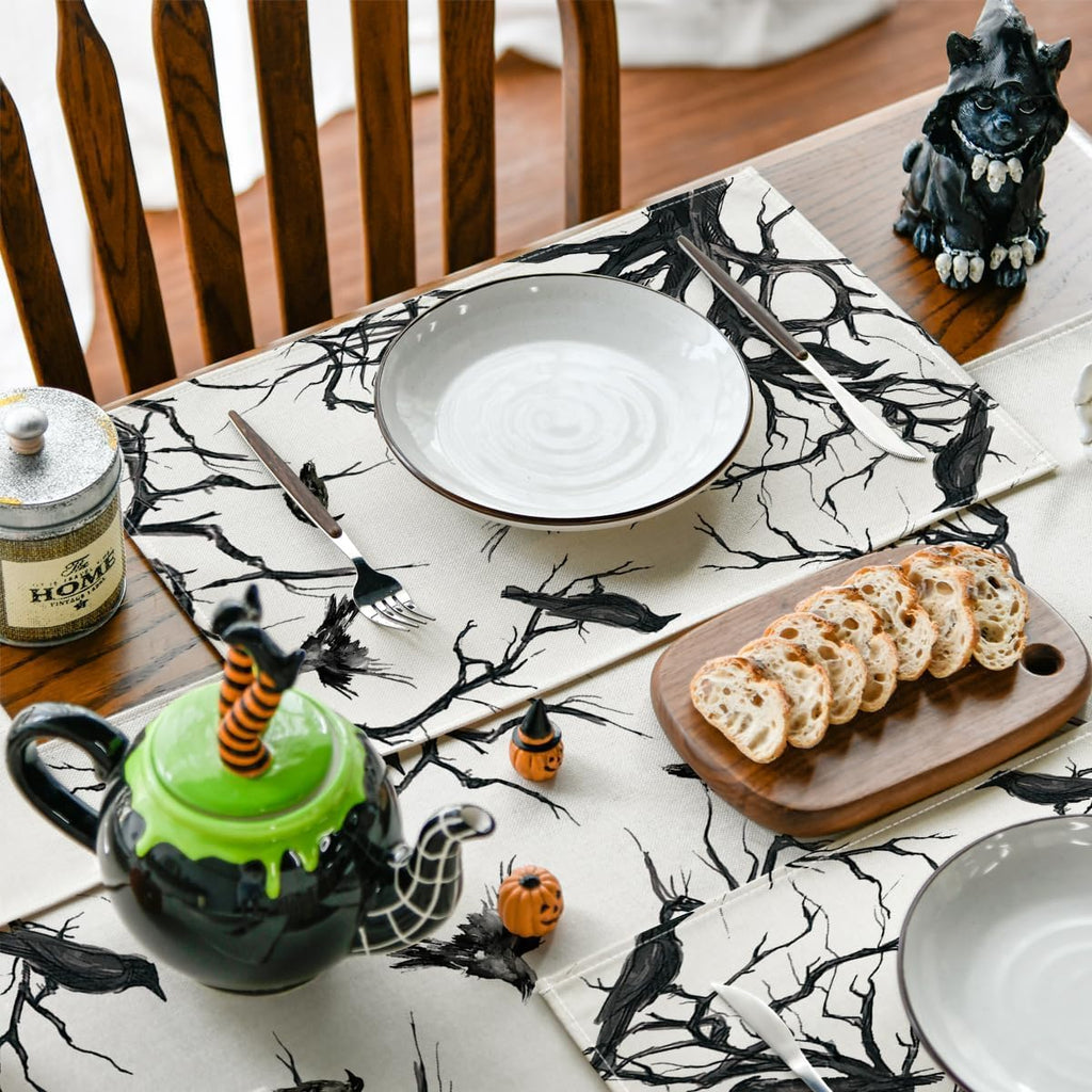 Artoid Mode Tree Crows Halloween Placemats Set of 4, 12x18 Inch Branches Fall Table Mats for Outdoor Home Party Kitchen Dining Decoration