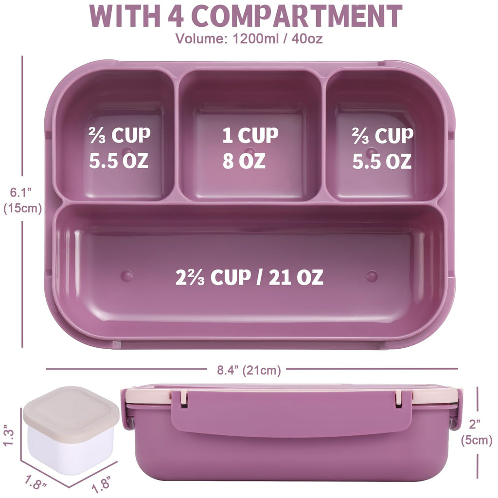 Bento Box Adult Lunch Box, Containers for Adults Men Women with 4 Compartments, Lunchable Food Container with Utensils, Sauce Jar, Muffin Liners, 40 Oz/5 Cup, Microwave & Dishwasher Safe, Brown